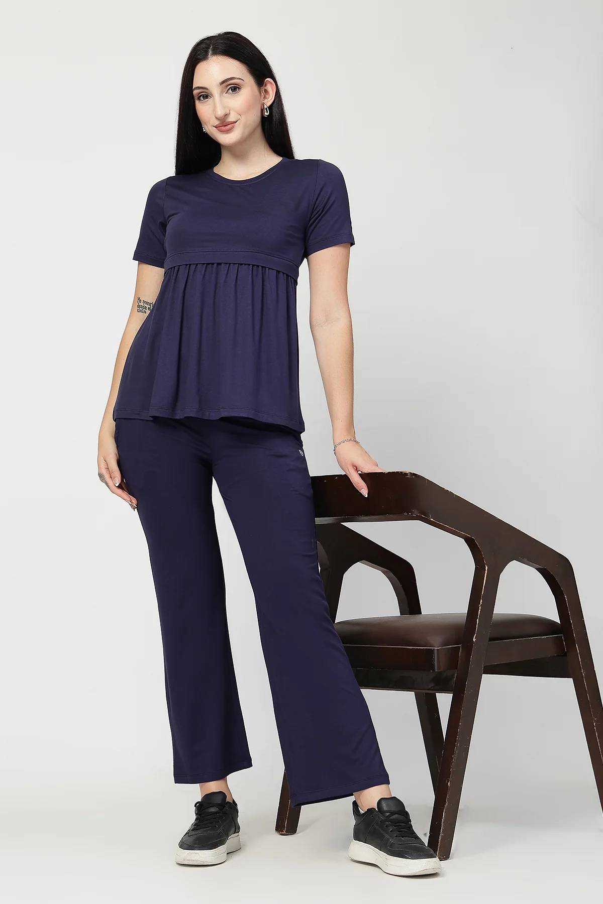 Navy Maternity Zipless Feeding Gathered Top - Image 9