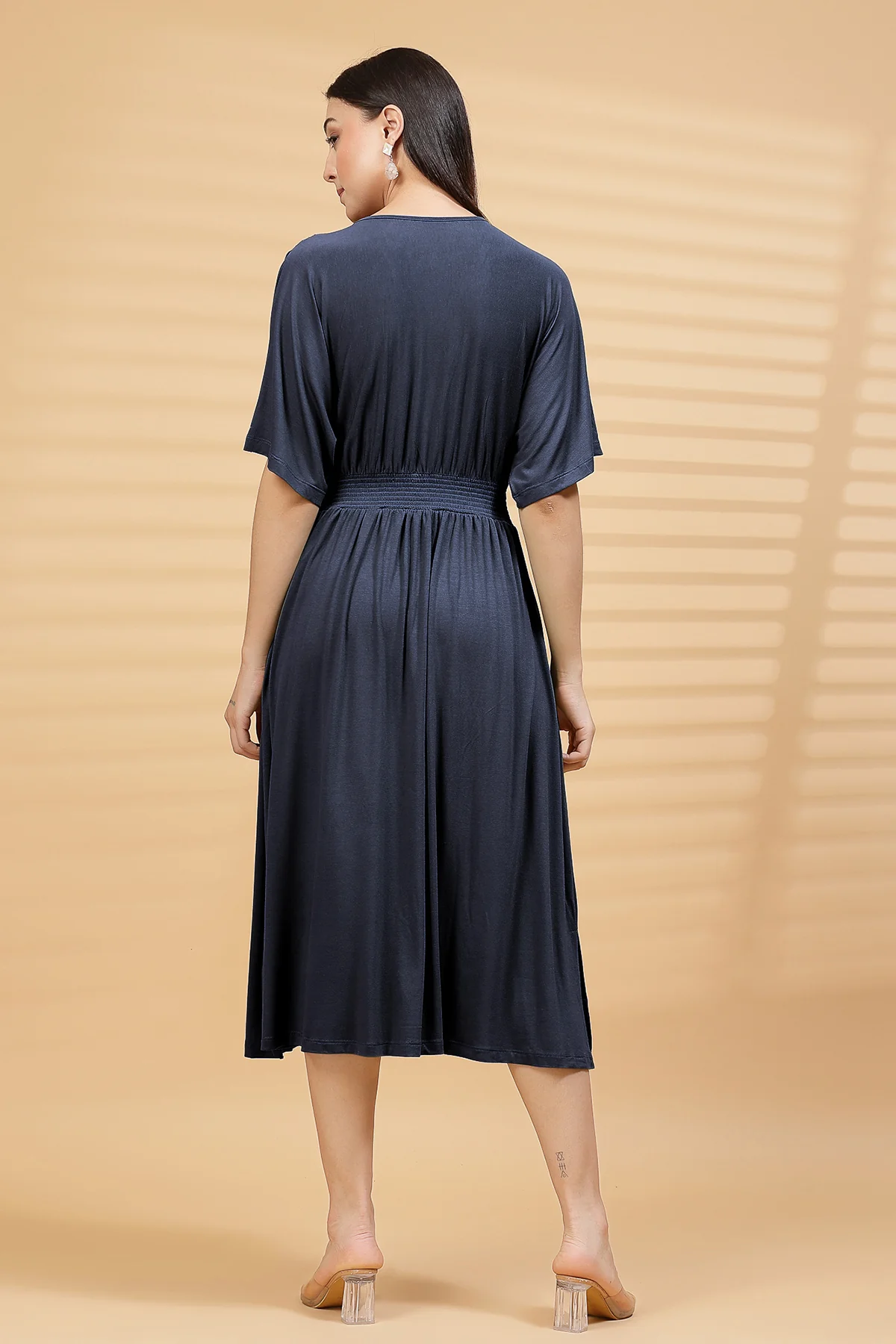 Navy Solid Smocked Waist Zipless Feeding Dress - Image 4