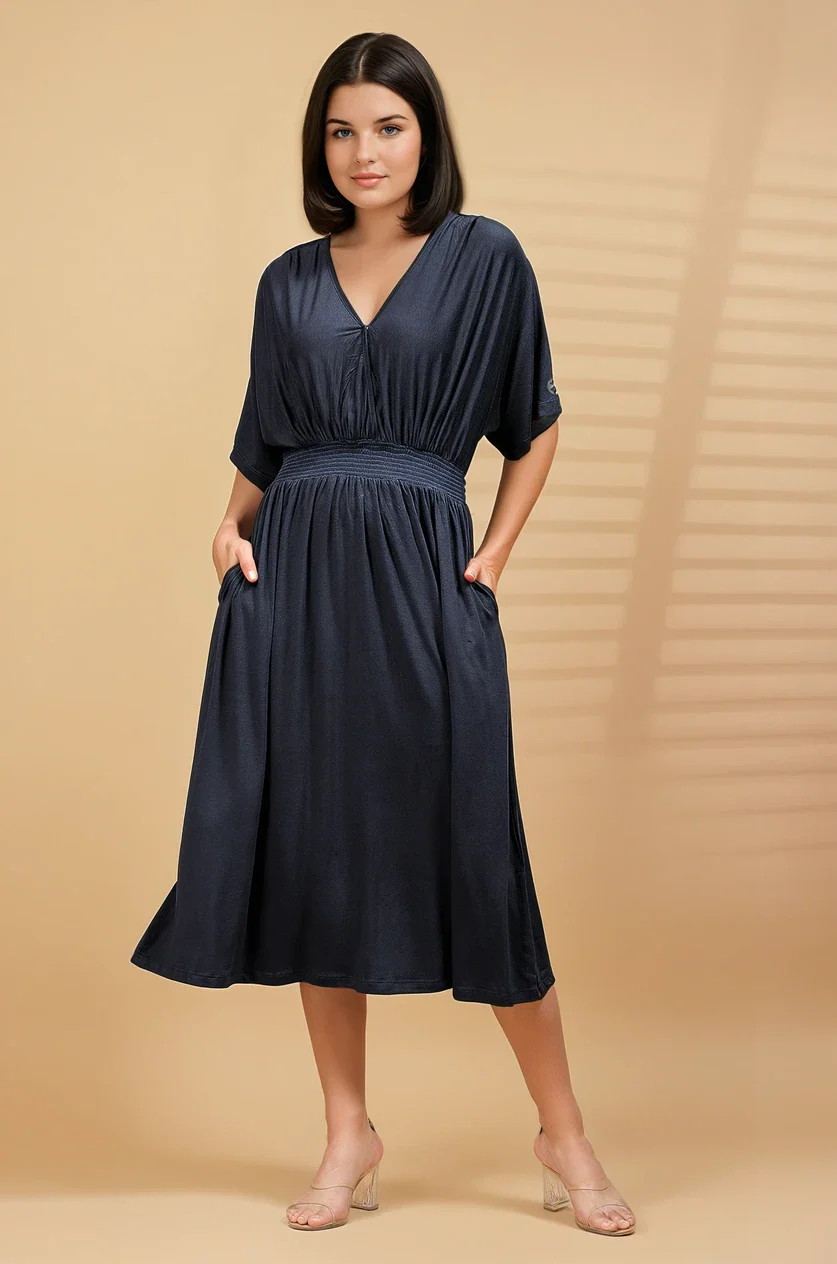 Navy Solid Smocked Waist Zipless Feeding Dress - Image 5