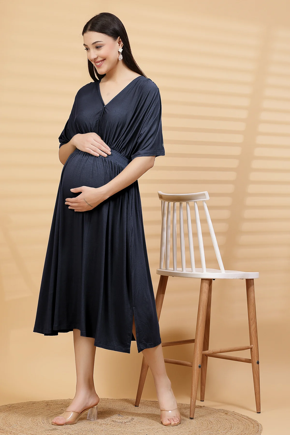 Navy Solid Smocked Waist Zipless Feeding Dress - Image 6