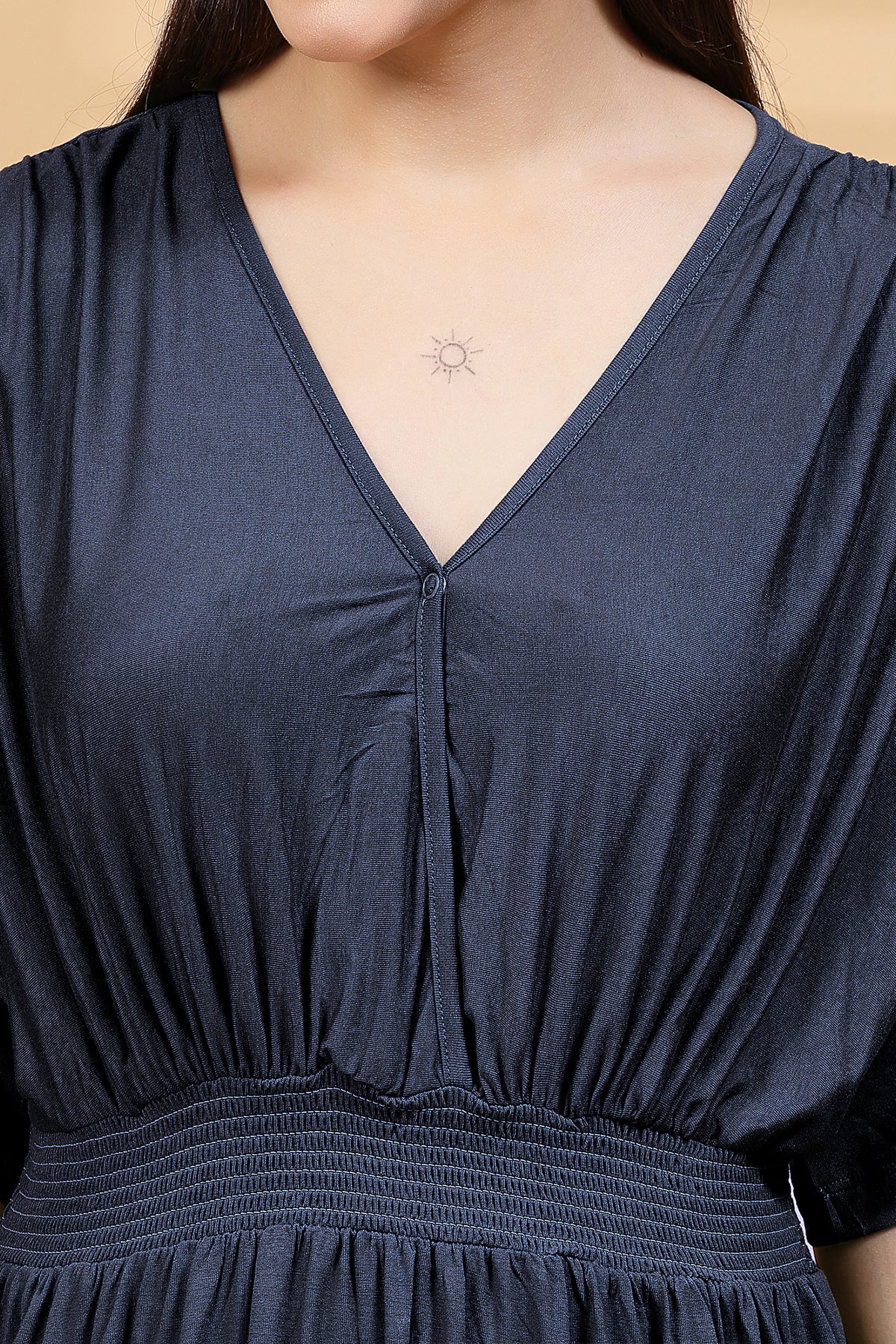Navy Solid Smocked Waist Zipless Feeding Dress - Image 9