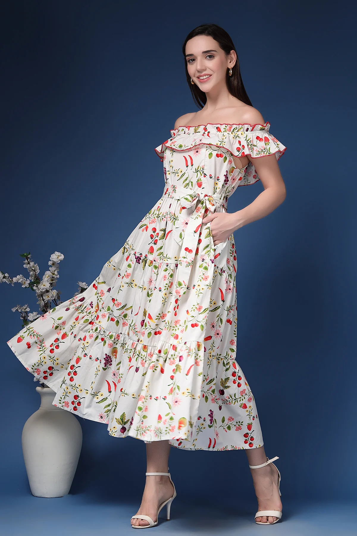 Off-Shoulder Cotton Maternity Feeding Dress - Multi - Image 10