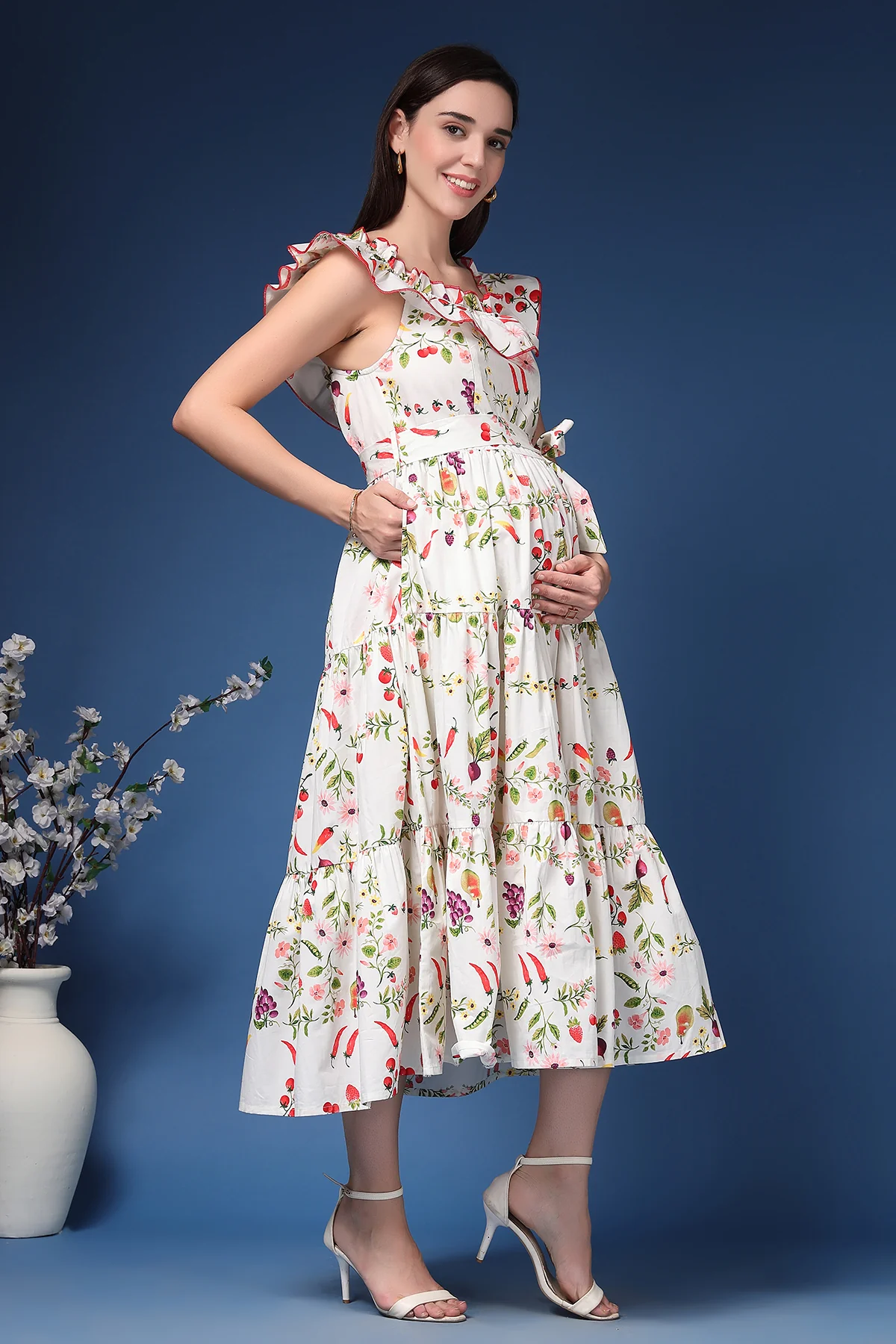 Off-Shoulder Cotton Maternity Feeding Dress - Multi - Image 11
