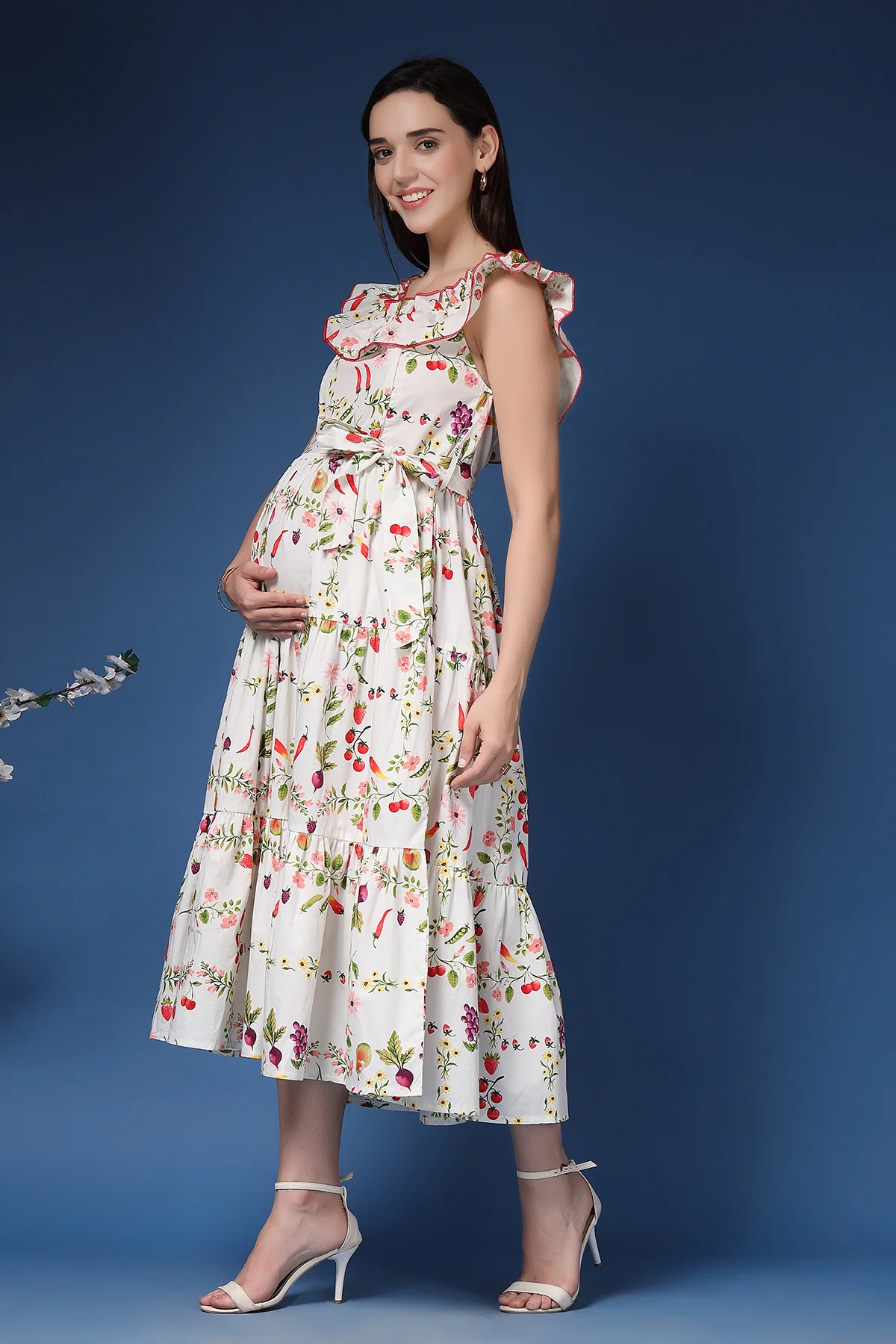Off-Shoulder Cotton Maternity Feeding Dress - Multi - Image 12