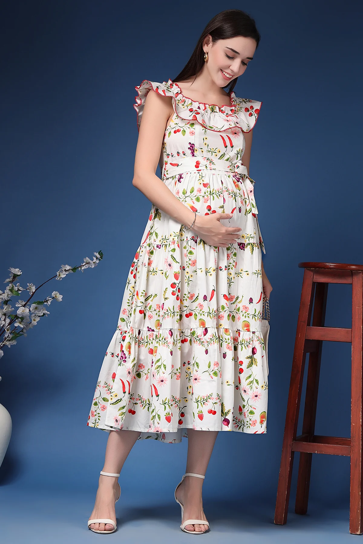 Off-Shoulder Cotton Maternity Feeding Dress - Multi - Image 13