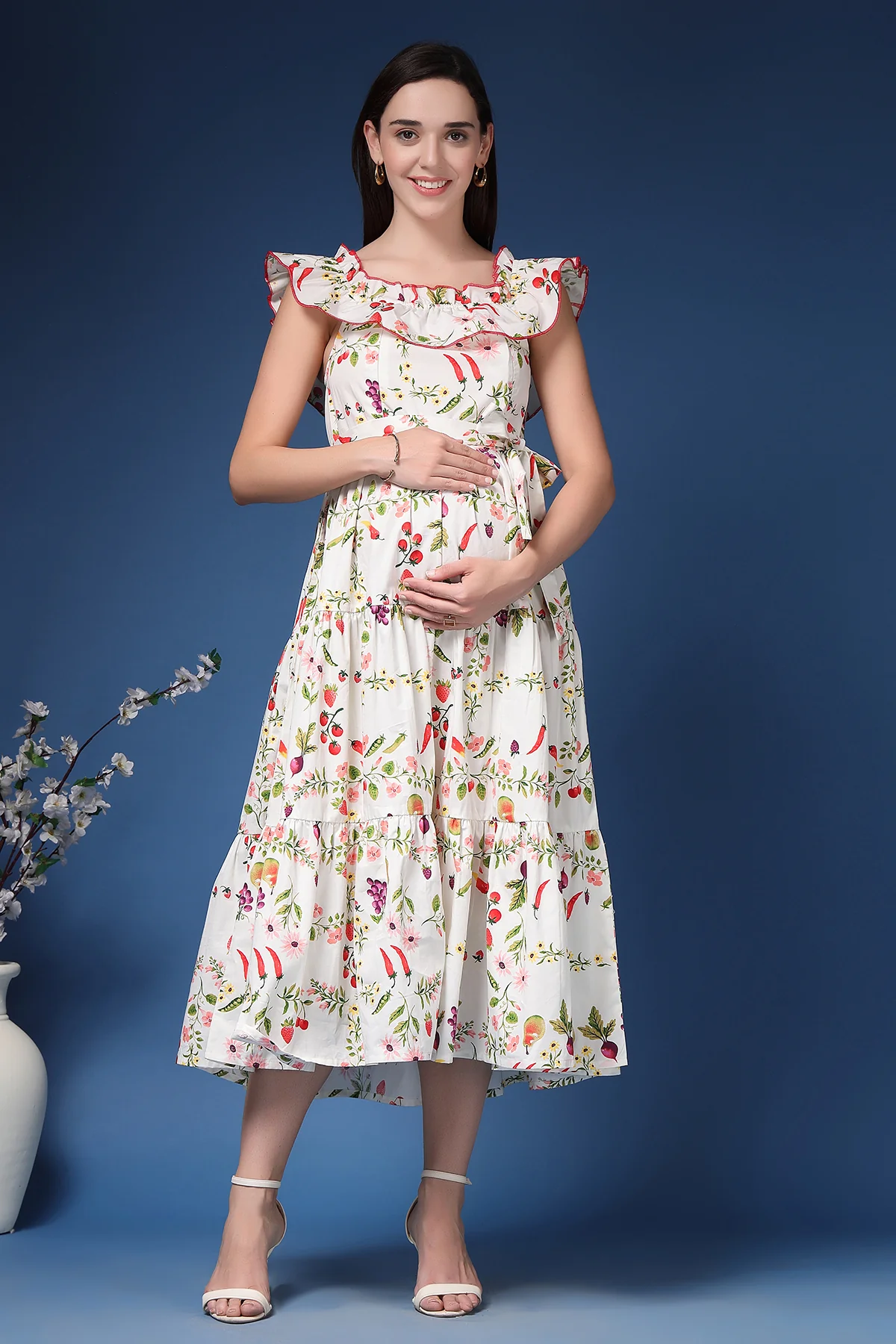 Off-Shoulder Cotton Maternity Feeding Dress - Multi - Image 4