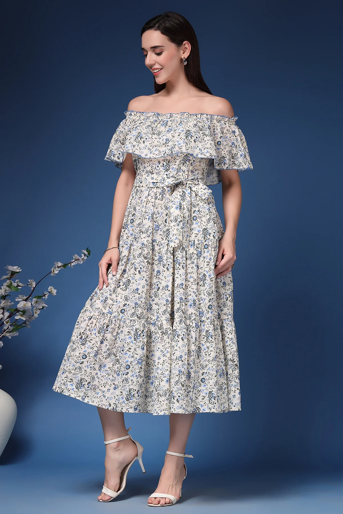 Off-Shoulder Cotton Maternity Feeding Dress - Off White - Image 12
