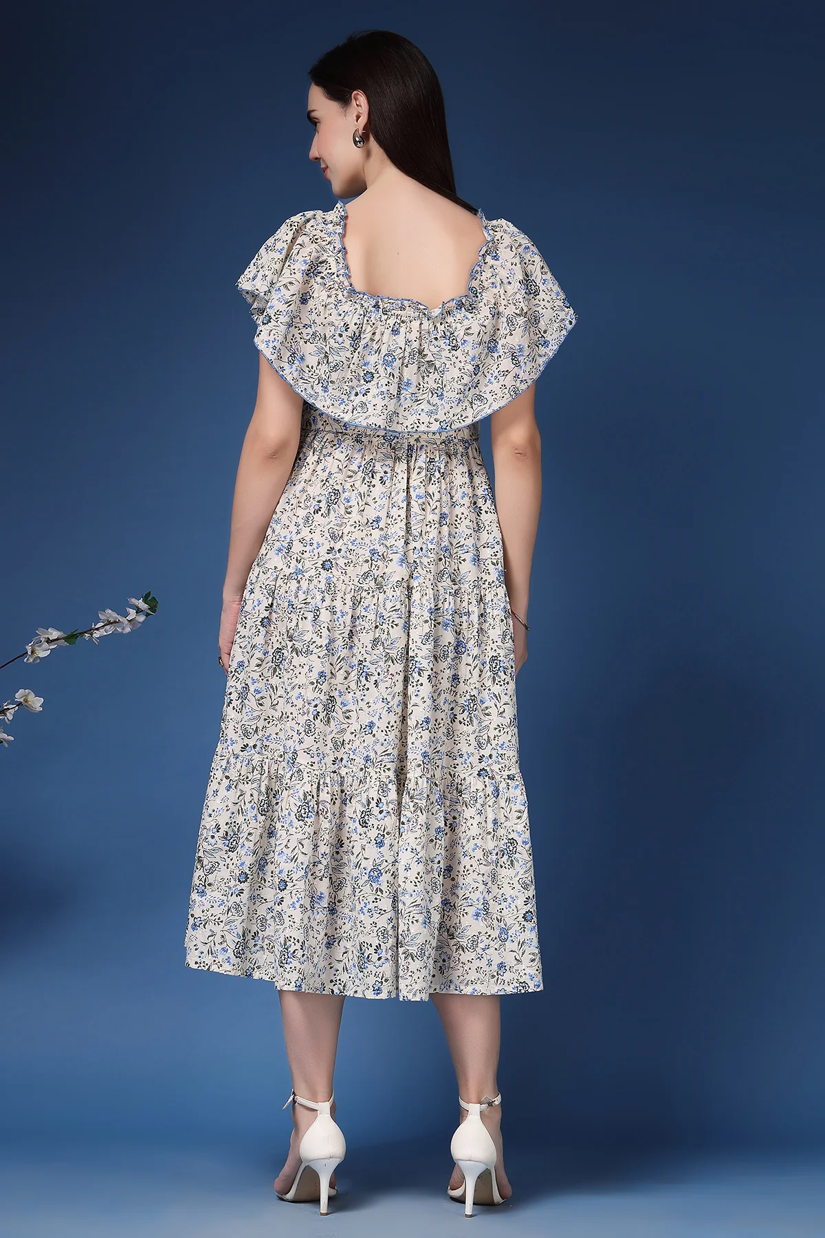 Off-Shoulder Cotton Maternity Feeding Dress - Off White - Image 3