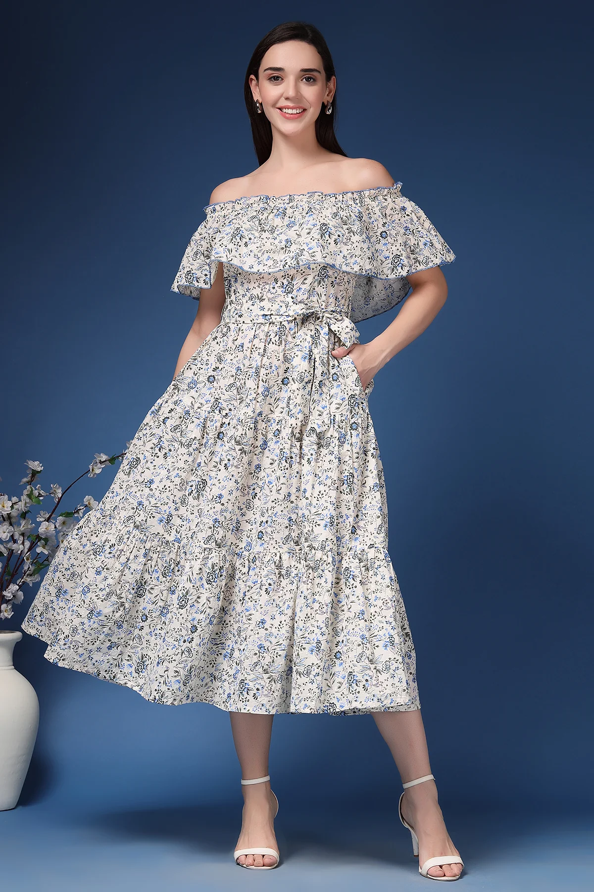 Off-Shoulder Cotton Maternity Feeding Dress - Off White - Image 4