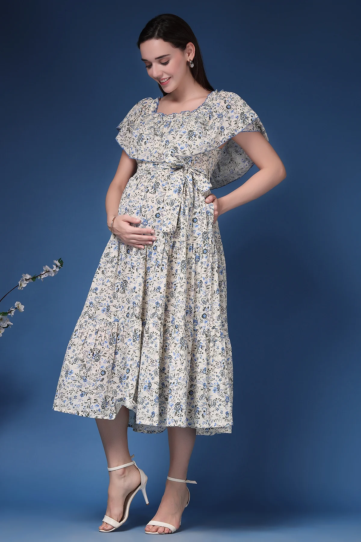 Off-Shoulder Cotton Maternity Feeding Dress - Off White - Image 5
