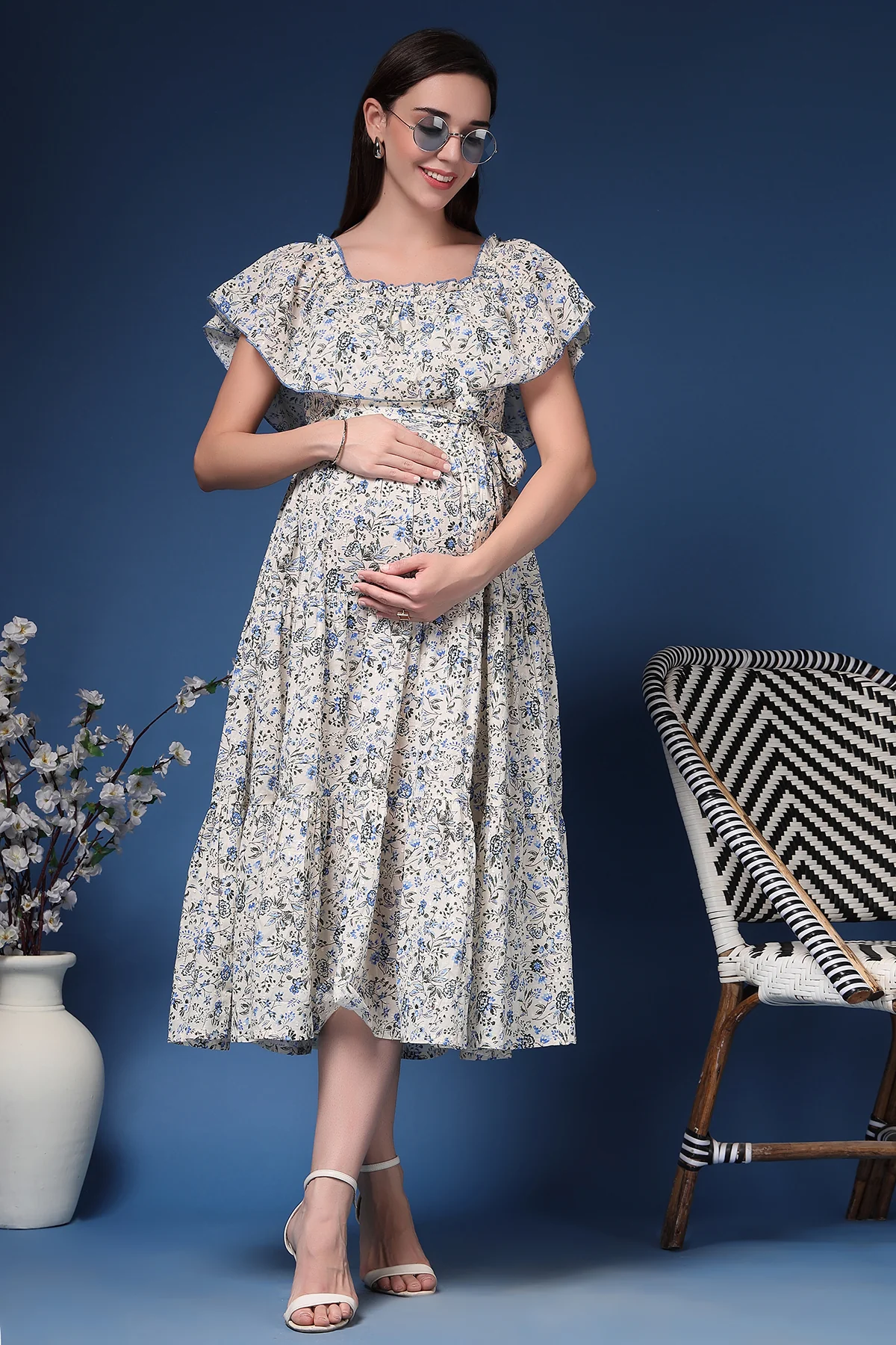 Off-Shoulder Cotton Maternity Feeding Dress - Off White - Image 8