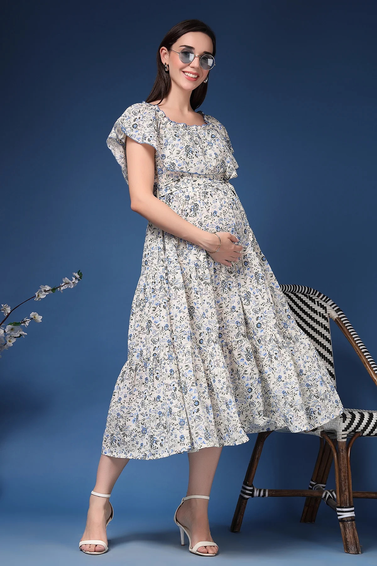 Off-Shoulder Cotton Maternity Feeding Dress - Off White - Image 9