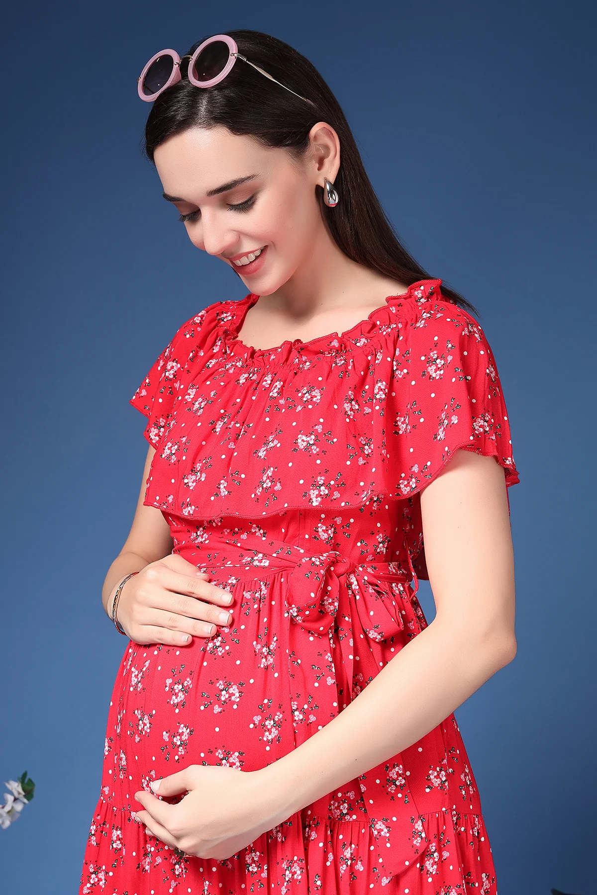 Off-Shoulder Cotton Maternity Feeding Dress - Red - Image 10