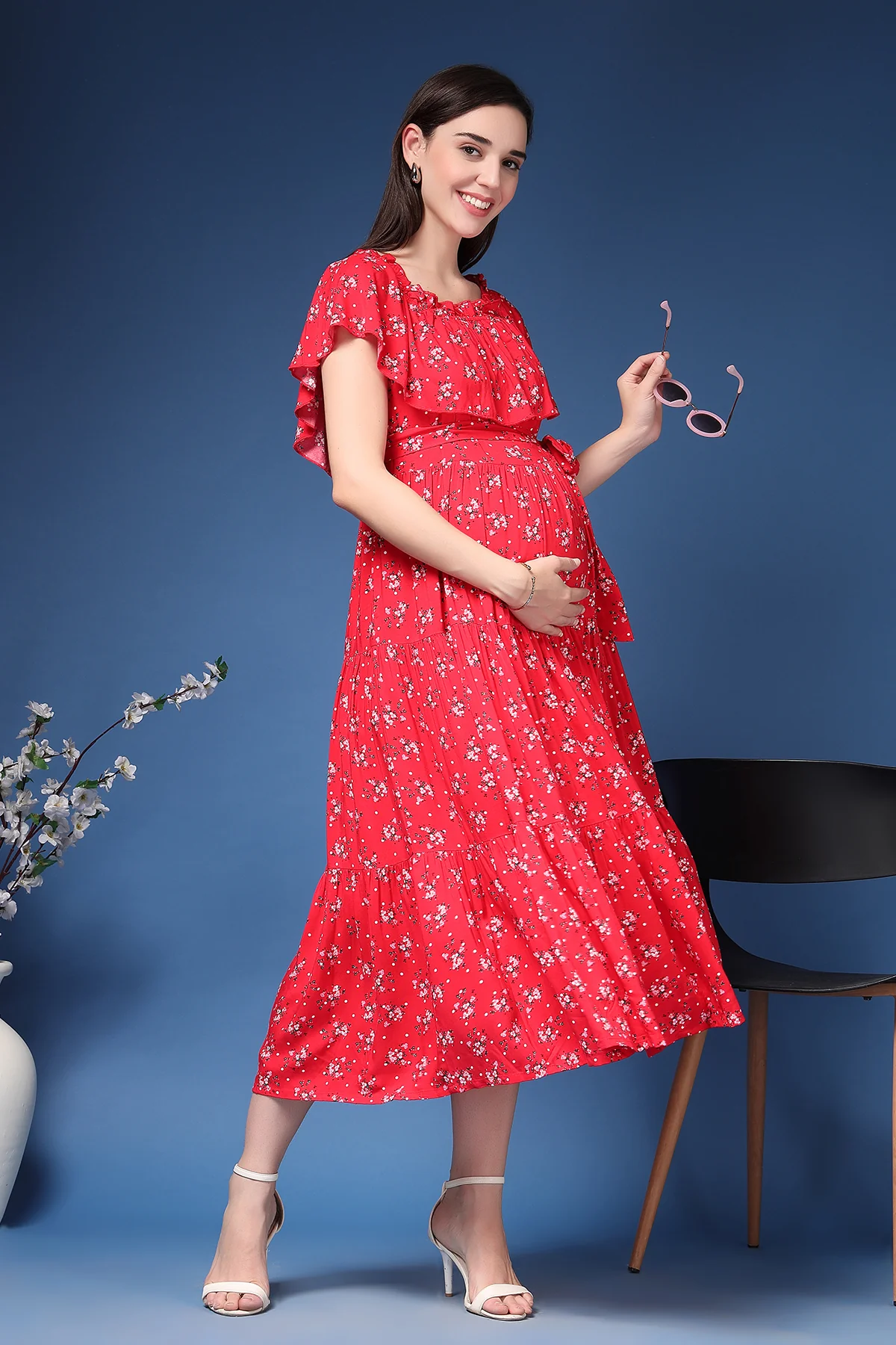 Off-Shoulder Cotton Maternity Feeding Dress - Red - Image 11