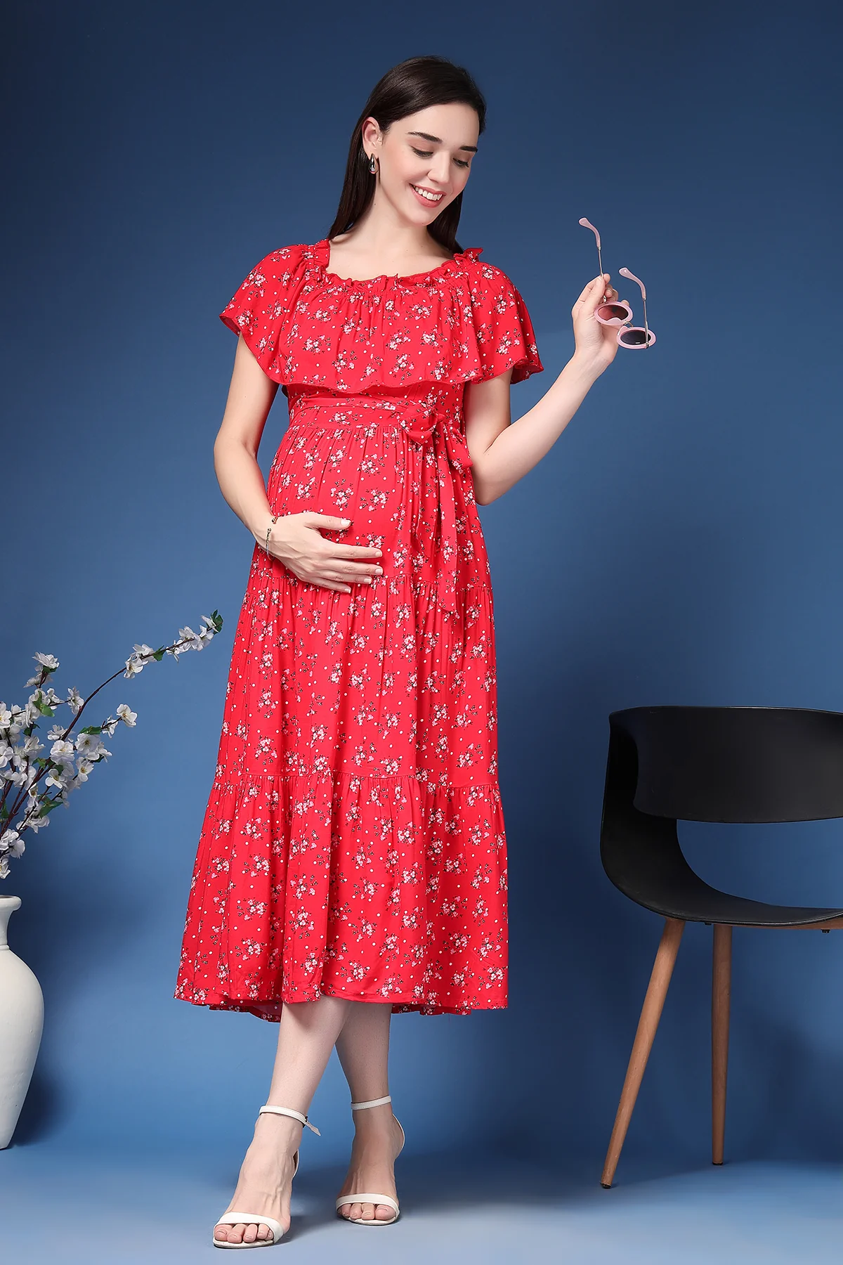 Off-Shoulder Cotton Maternity Feeding Dress - Red - Image 12