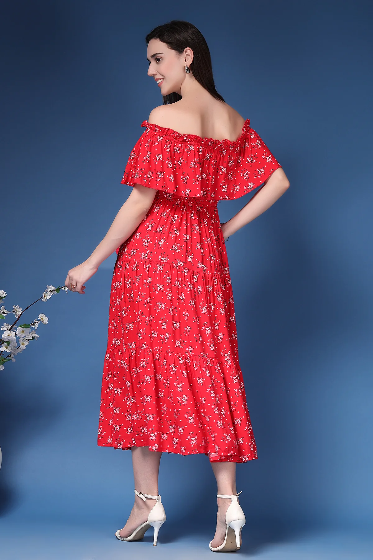 Off-Shoulder Cotton Maternity Feeding Dress - Red - Image 3