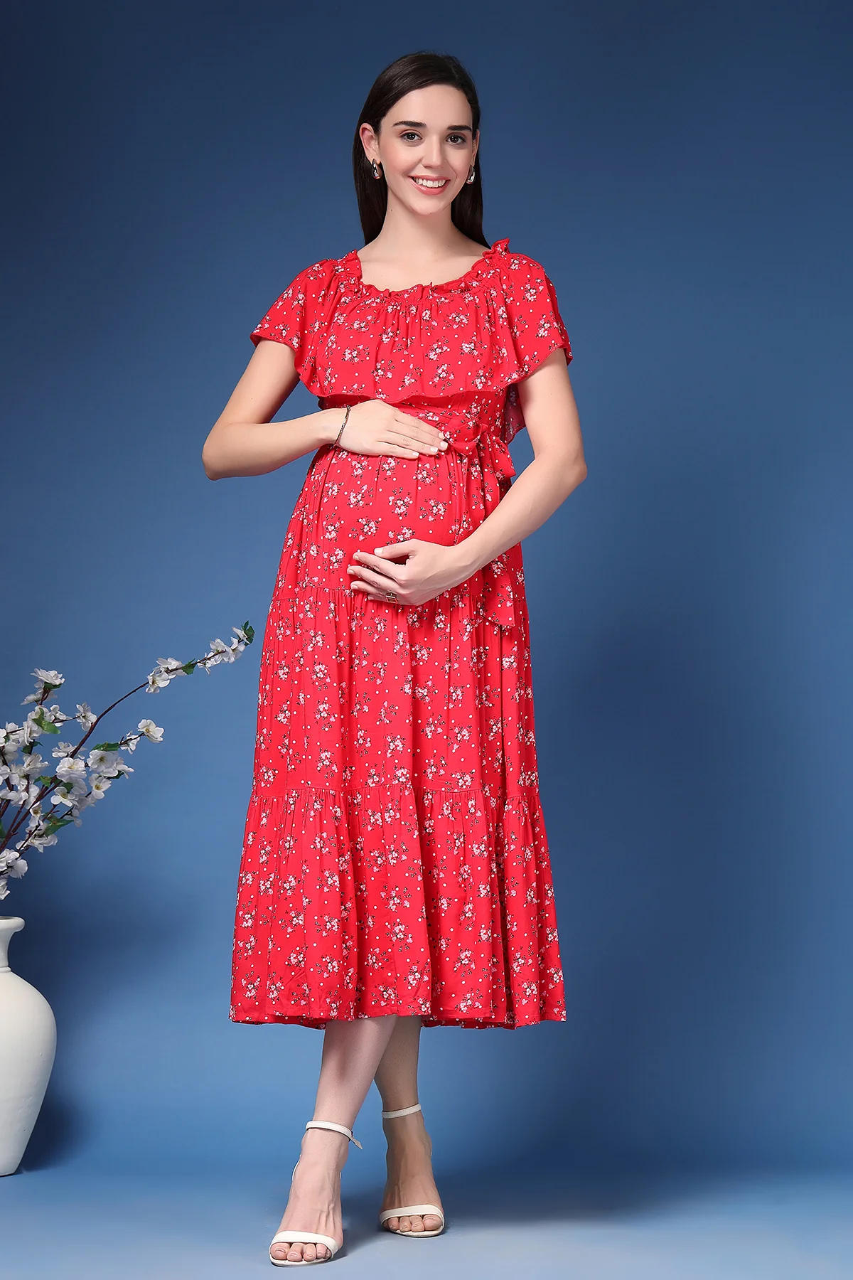 Off-Shoulder Cotton Maternity Feeding Dress - Red - Image 4