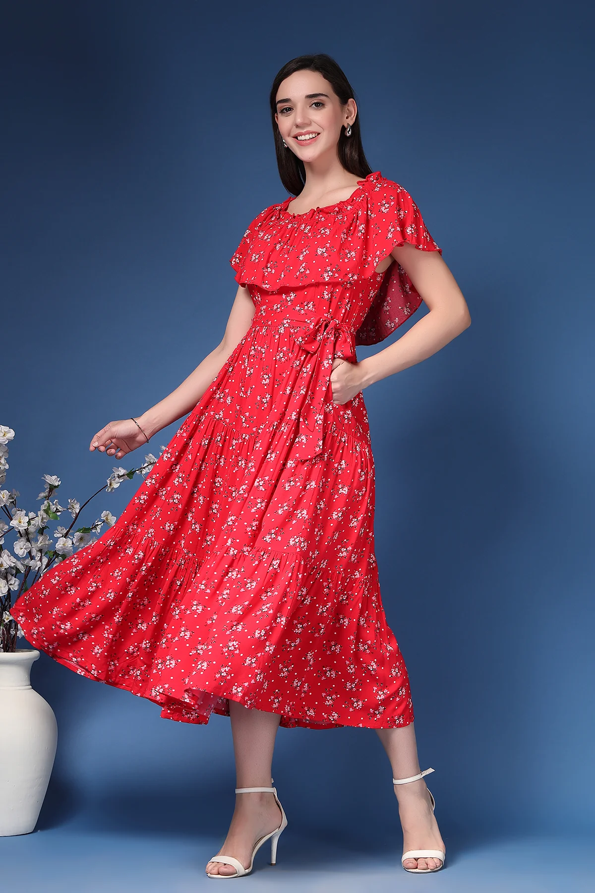 Off-Shoulder Cotton Maternity Feeding Dress - Red - Image 5