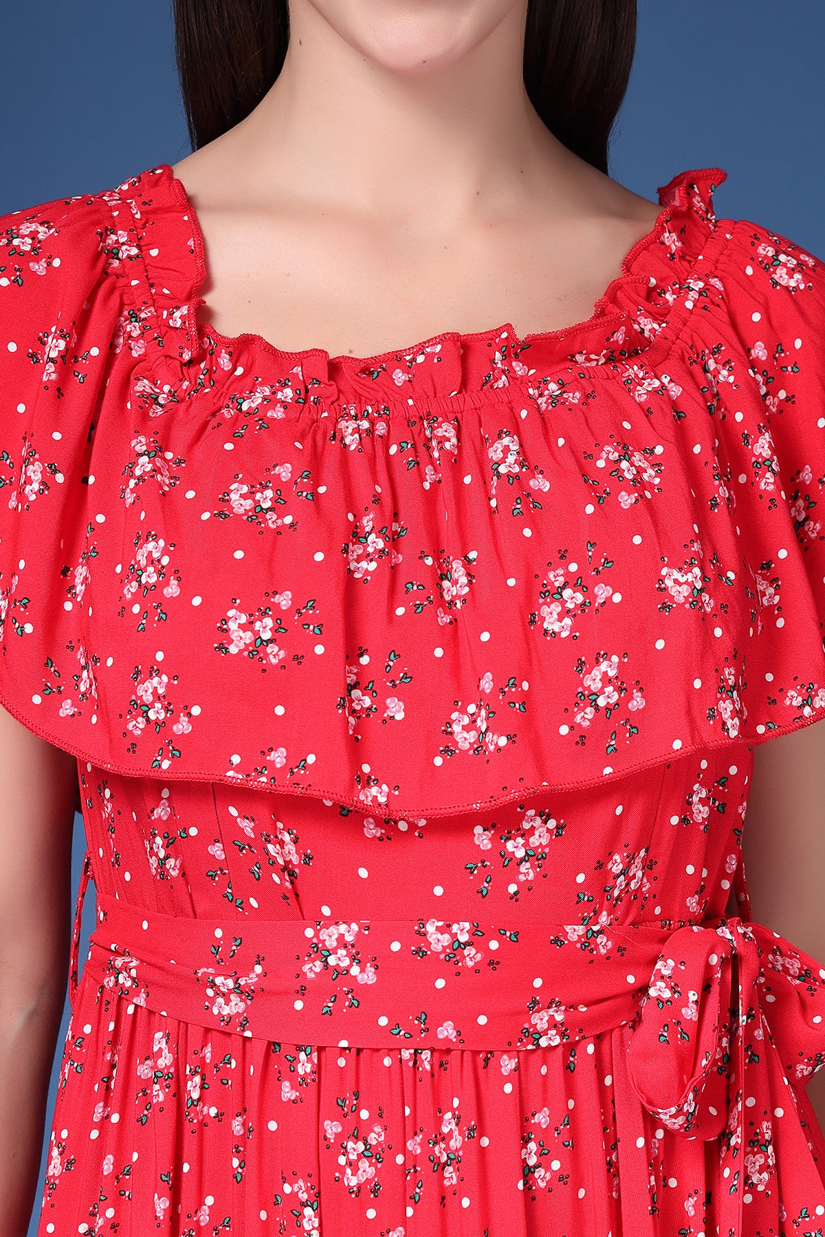 Off-Shoulder Cotton Maternity Feeding Dress - Red - Image 6