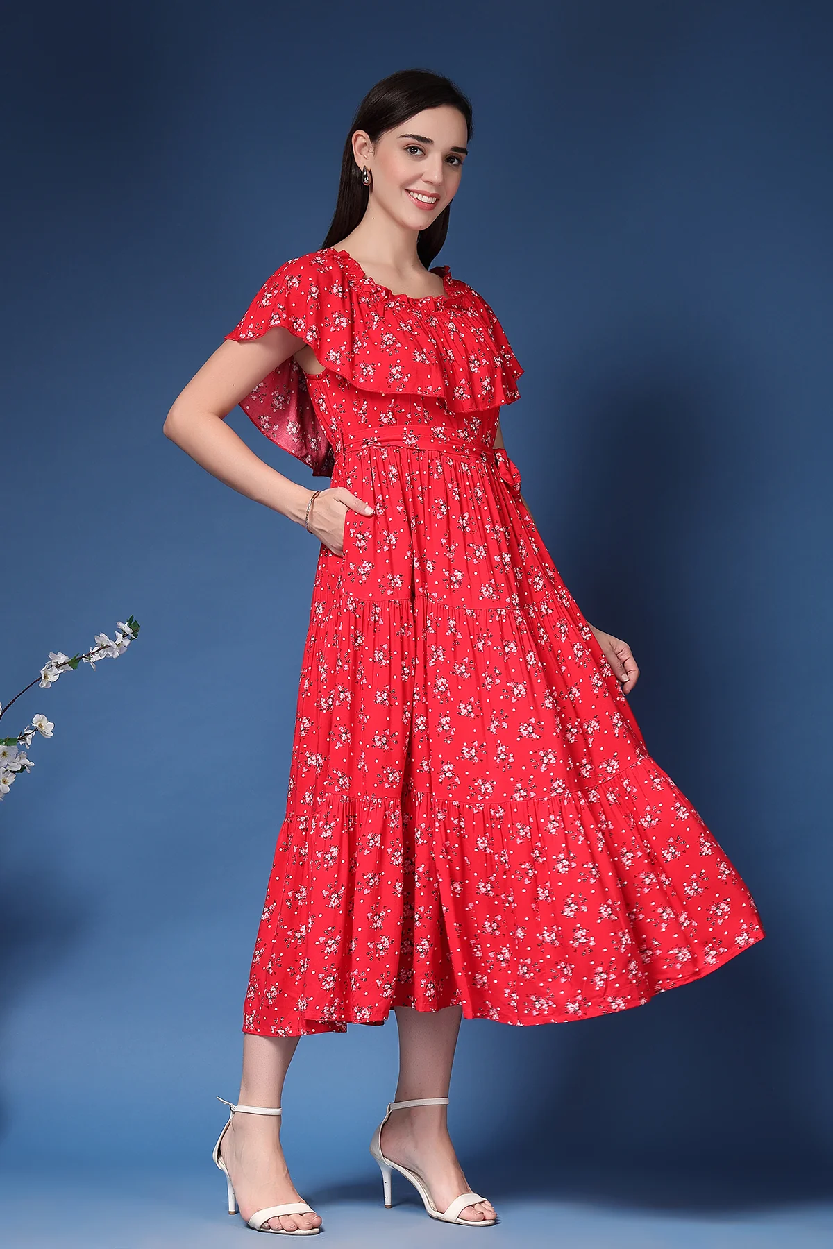 Off-Shoulder Cotton Maternity Feeding Dress - Red - Image 7