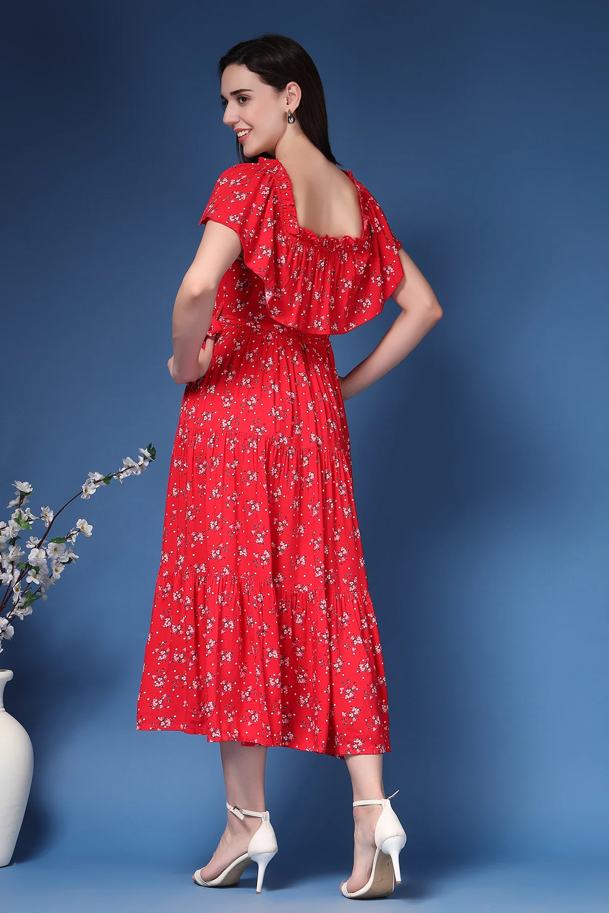 Off-Shoulder Cotton Maternity Feeding Dress - Red - Image 8