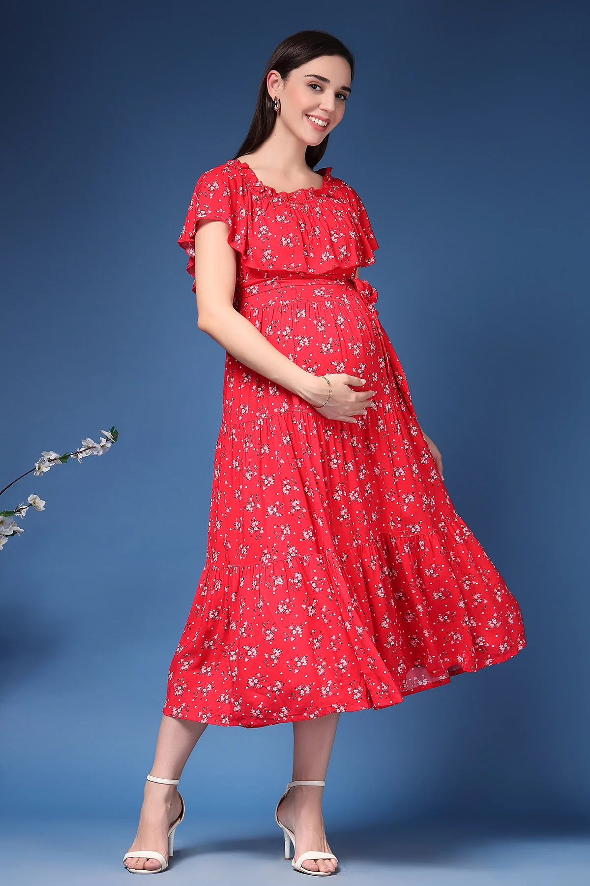 Off-Shoulder Cotton Maternity Feeding Dress - Red - Image 9