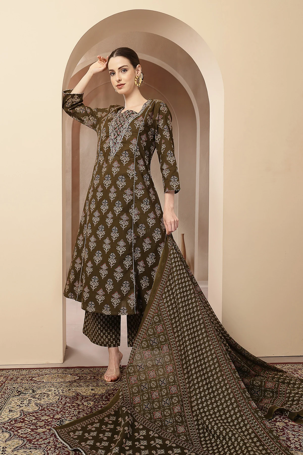 Olive Green 100% Cotton Concealed Zip Feeding Maternity Kurta Set with Dupatta - Image 11