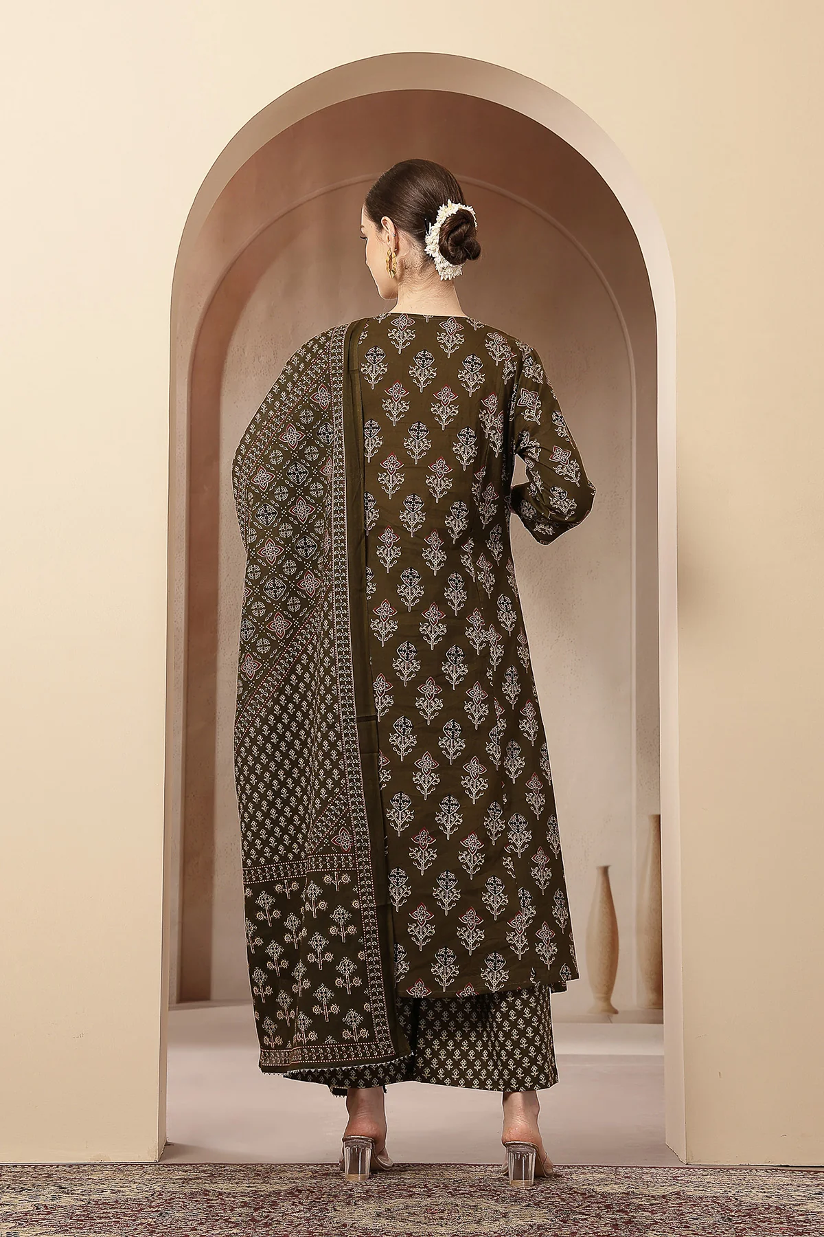 Olive Green 100% Cotton Concealed Zip Feeding Maternity Kurta Set with Dupatta - Image 3