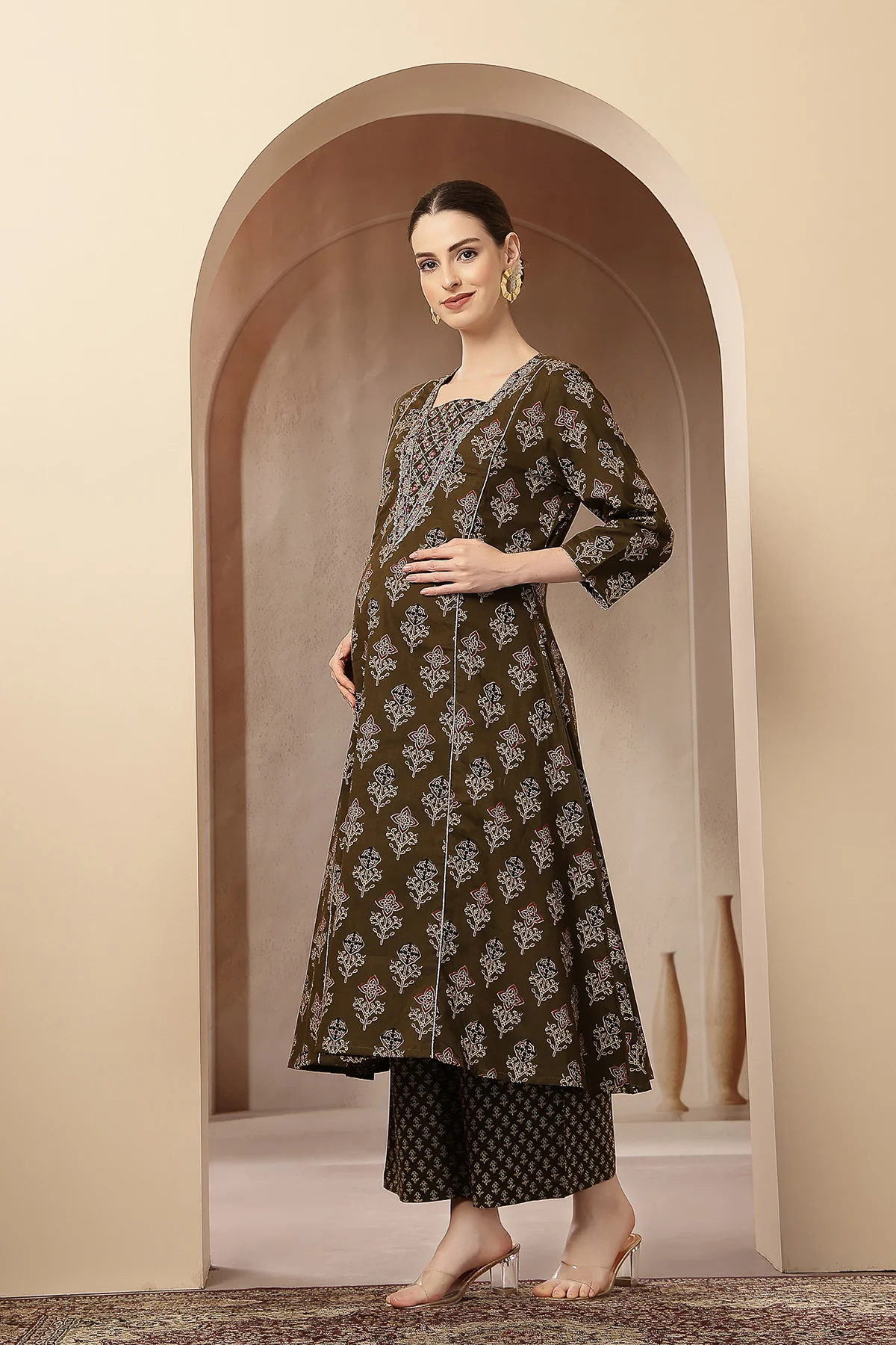 Olive Green 100% Cotton Concealed Zip Feeding Maternity Kurta Set with Dupatta - Image 4