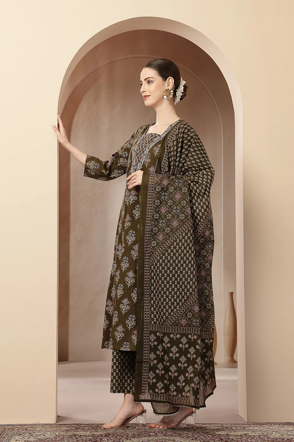 Olive Green 100% Cotton Concealed Zip Feeding Maternity Kurta Set with Dupatta - Image 6
