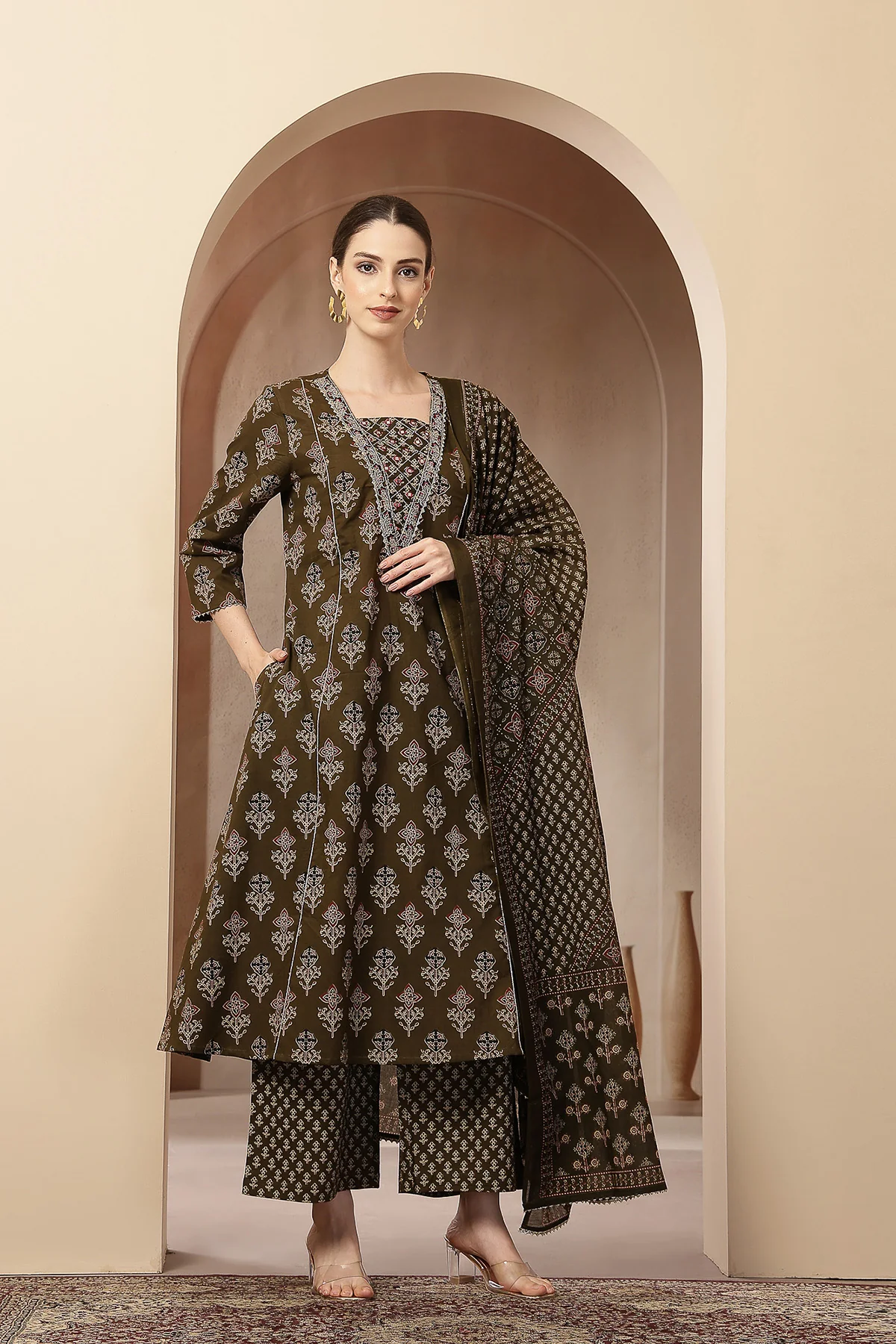 Olive Green 100% Cotton Concealed Zip Feeding Maternity Kurta Set with Dupatta - Image 8