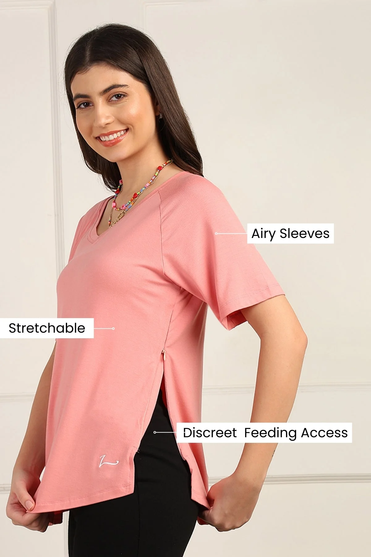 Peach Solid Nursing Top with Side Zip Access - Image 3