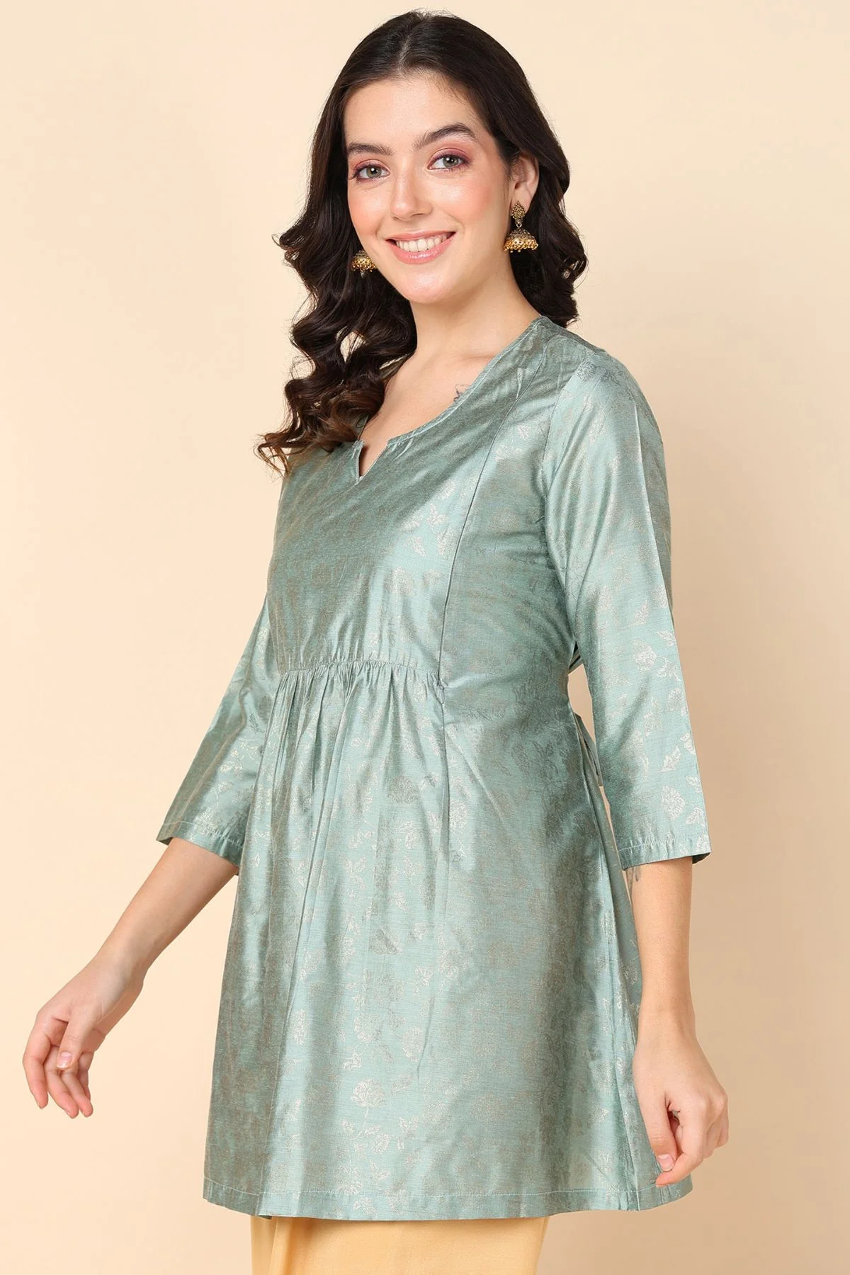 Pebble Grey Printed Maternity Short Top  with Pocket - Image 4