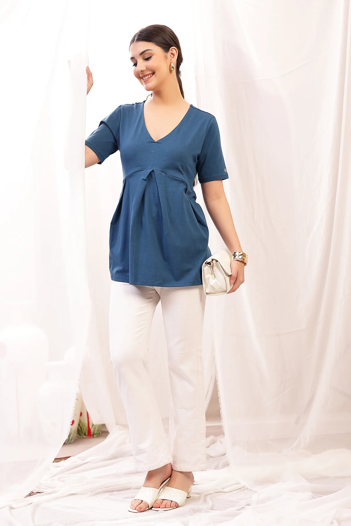 Pleated Cotton Maternity Nursing Top - Airforce - Image 11