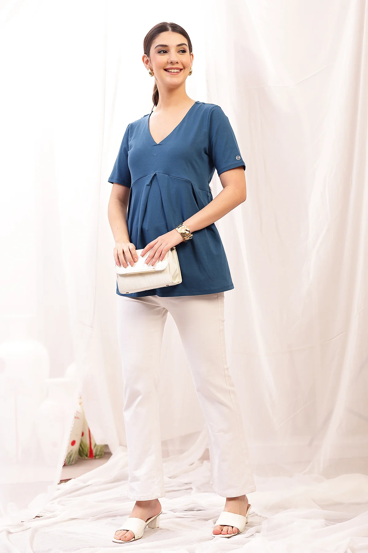 Pleated Cotton Maternity Nursing Top - Airforce - Image 12