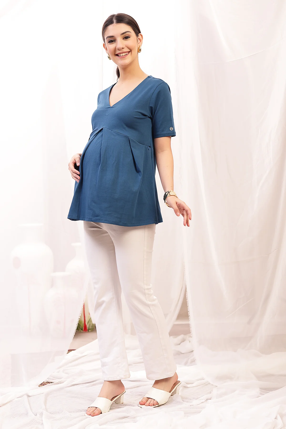 Pleated Cotton Maternity Nursing Top - Airforce - Image 14