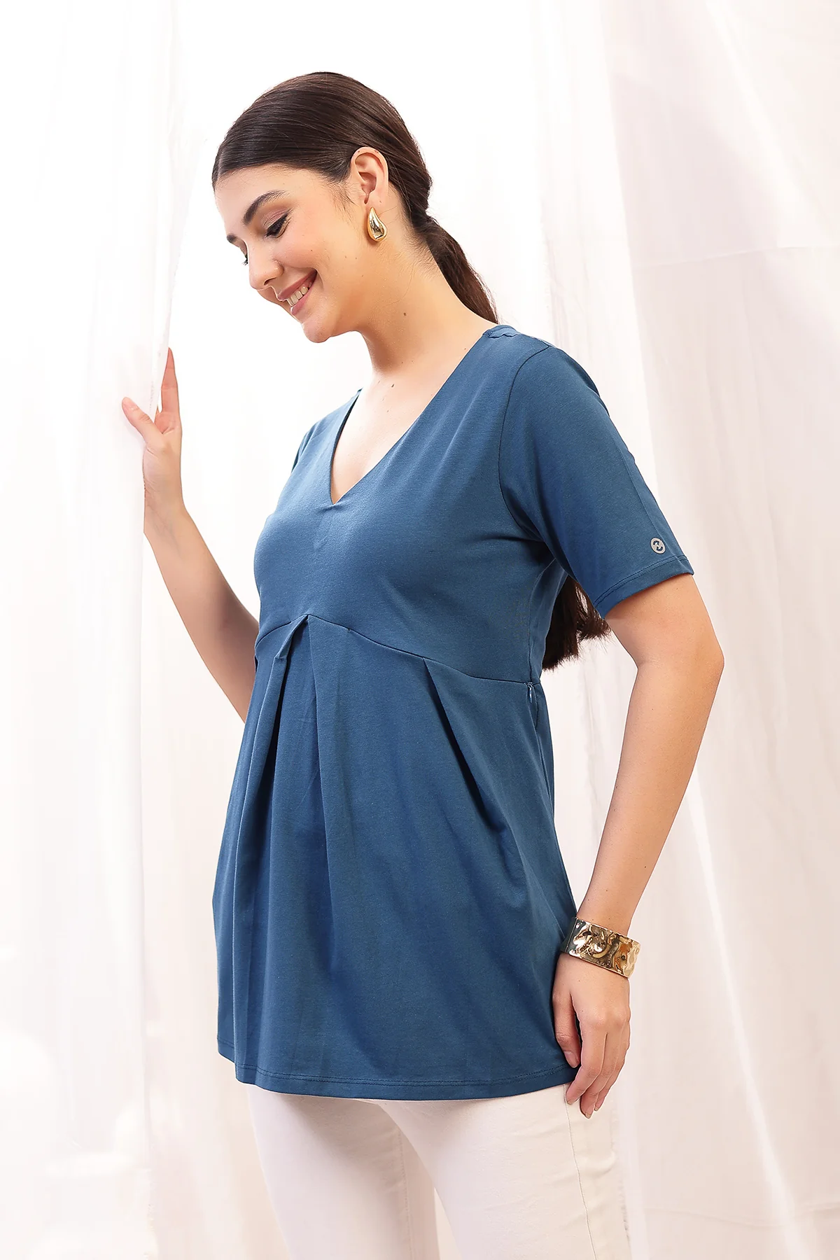 Pleated Cotton Maternity Nursing Top - Airforce - Image 5