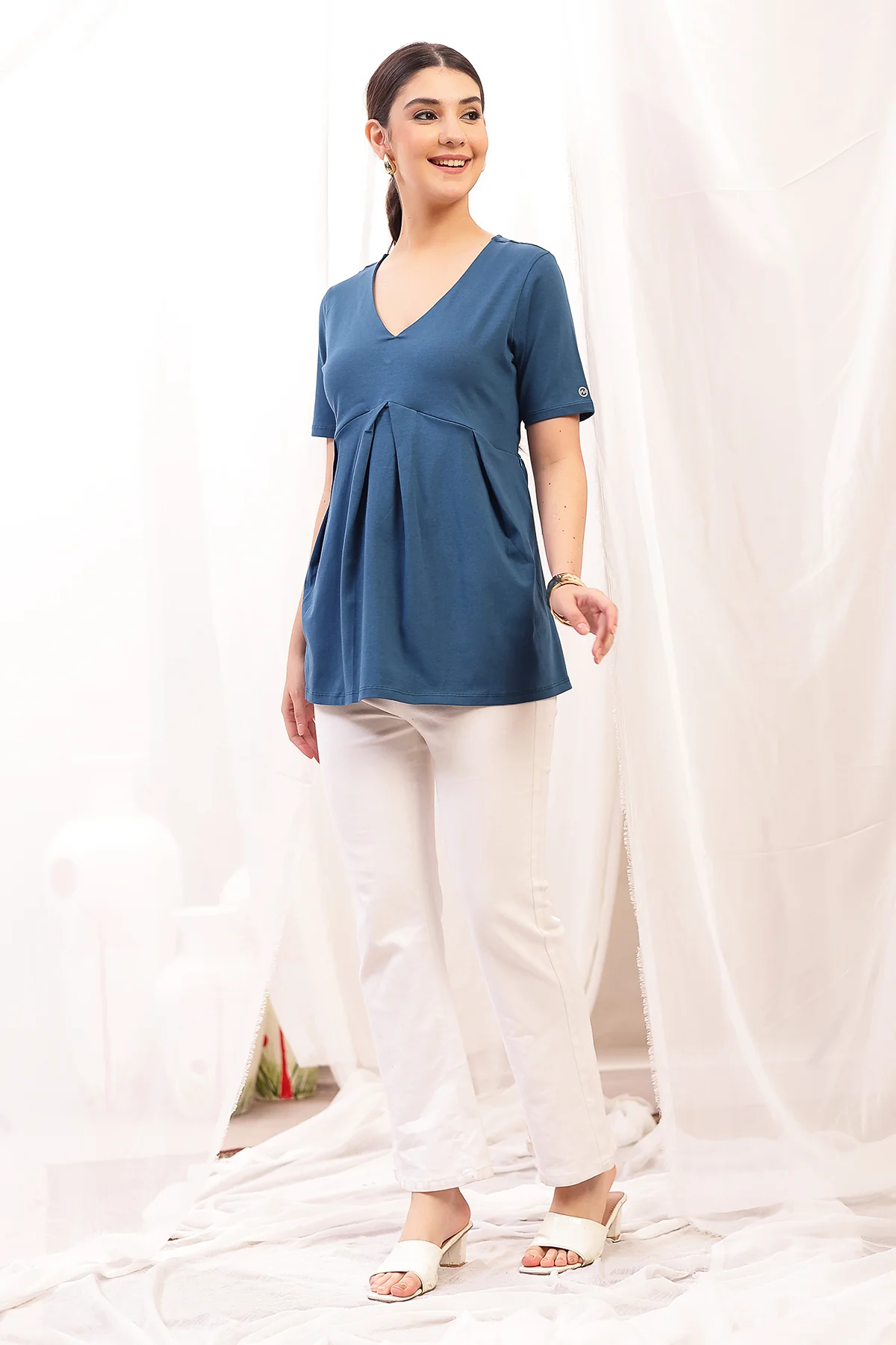 Pleated Cotton Maternity Nursing Top - Airforce - Image 8