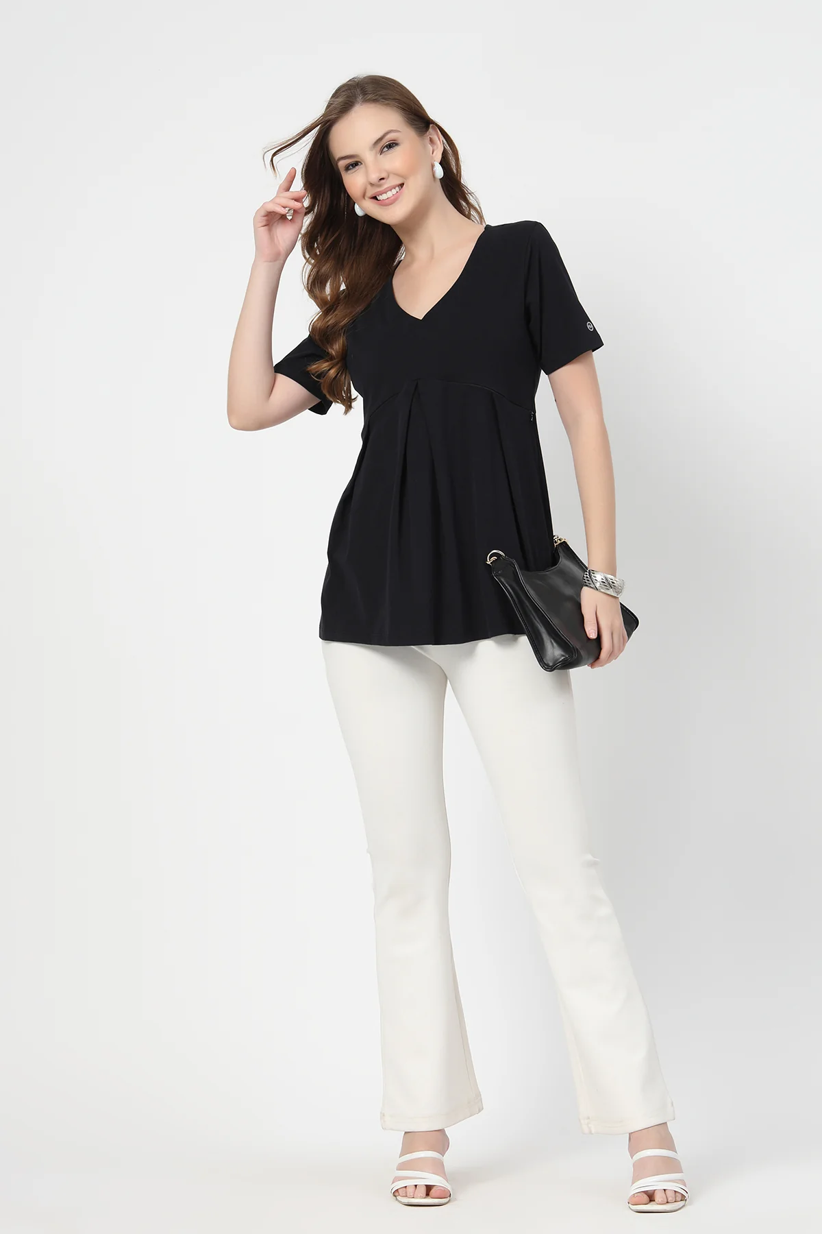Pleated Cotton Maternity Nursing Top - Black - Image 10