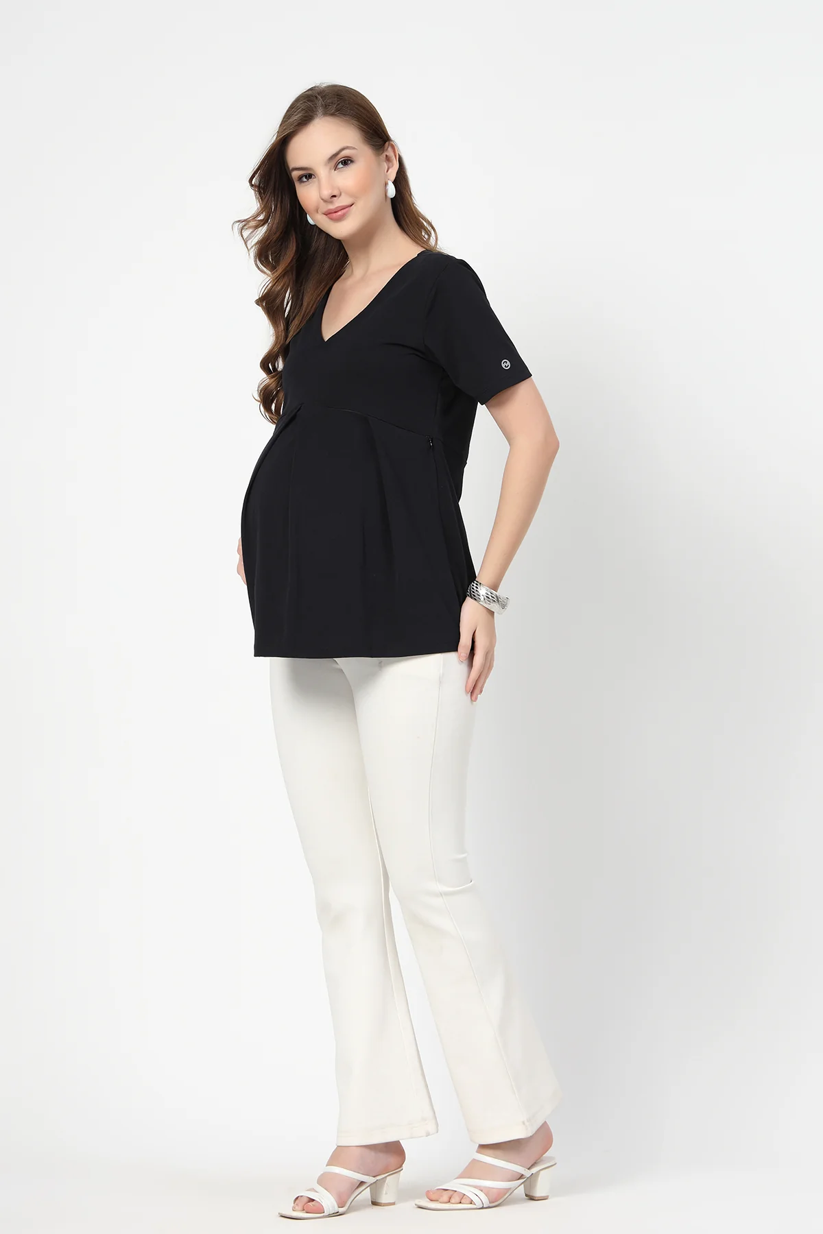 Pleated Cotton Maternity Nursing Top - Black - Image 12