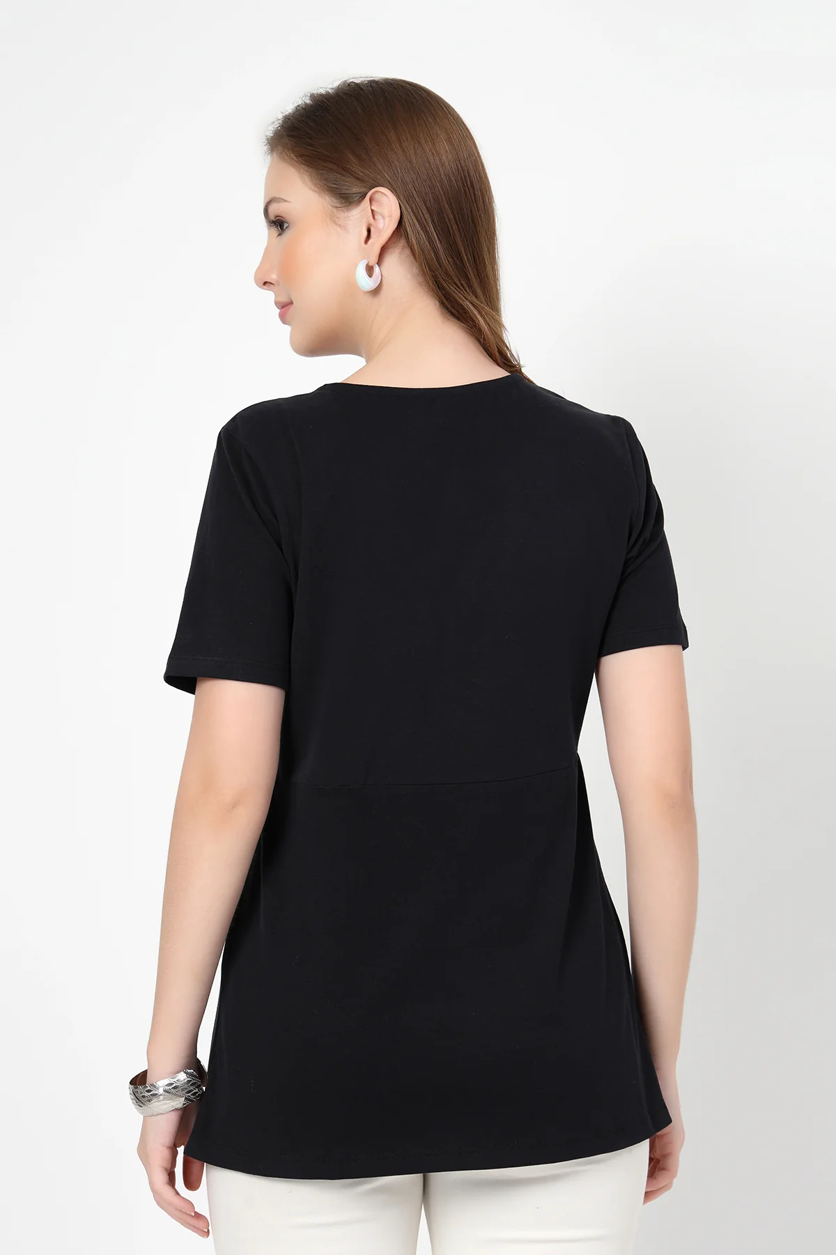 Pleated Cotton Maternity Nursing Top - Black - Image 3