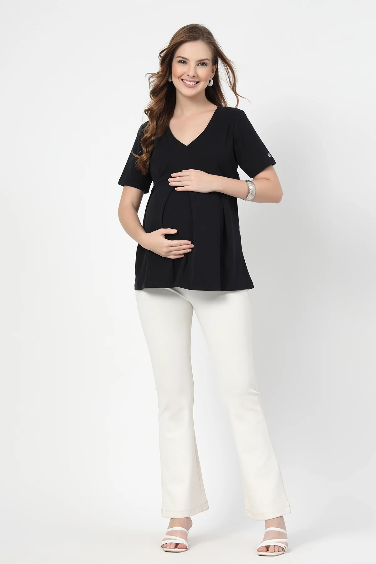 Pleated Cotton Maternity Nursing Top - Black - Image 4