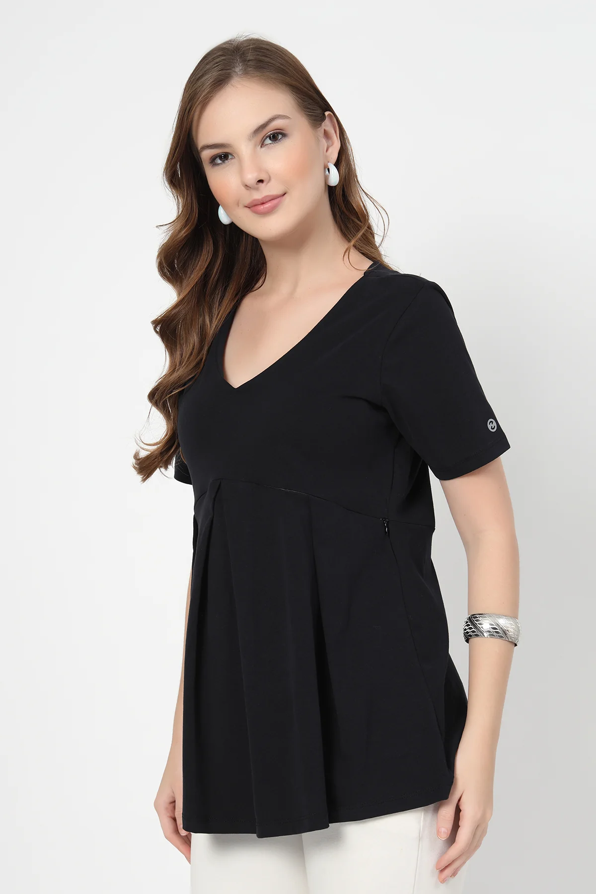 Pleated Cotton Maternity Nursing Top - Black - Image 5