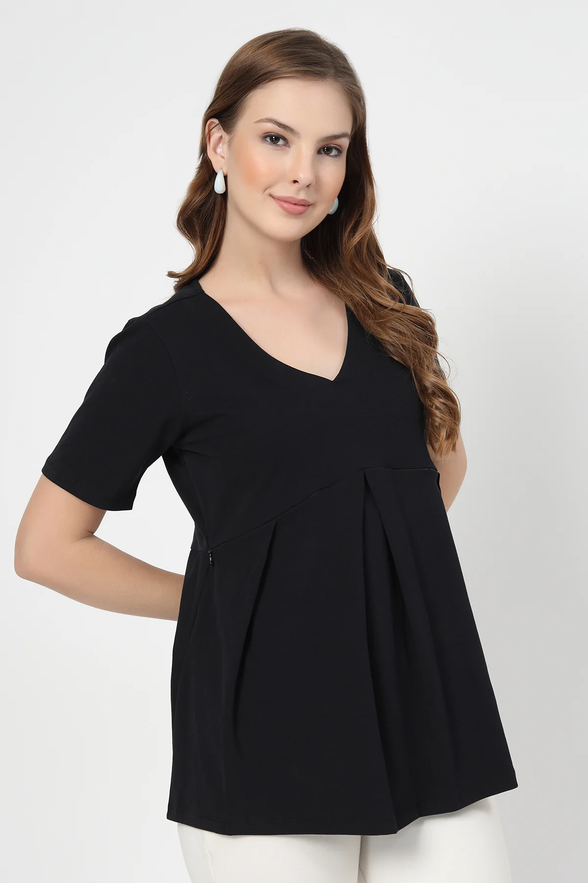 Pleated Cotton Maternity Nursing Top - Black - Image 6