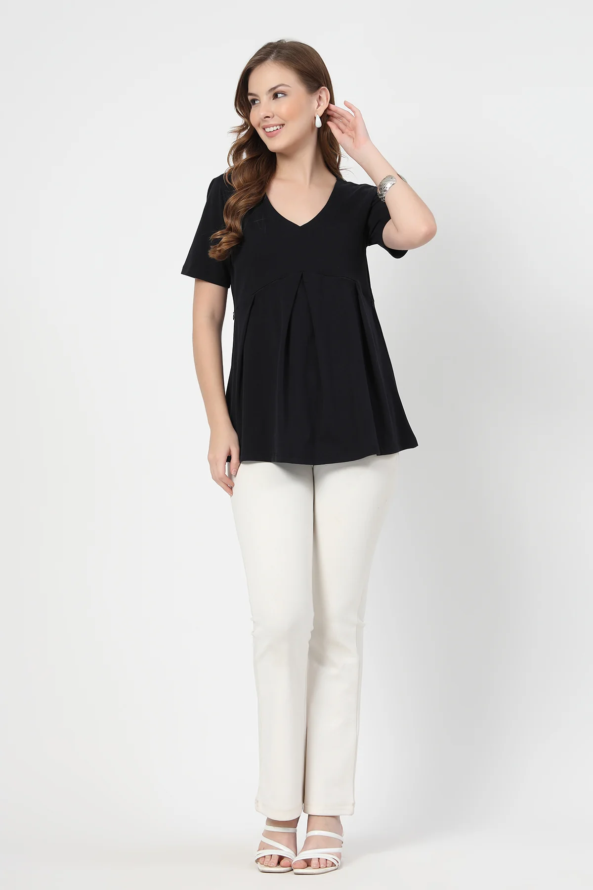 Pleated Cotton Maternity Nursing Top - Black - Image 9