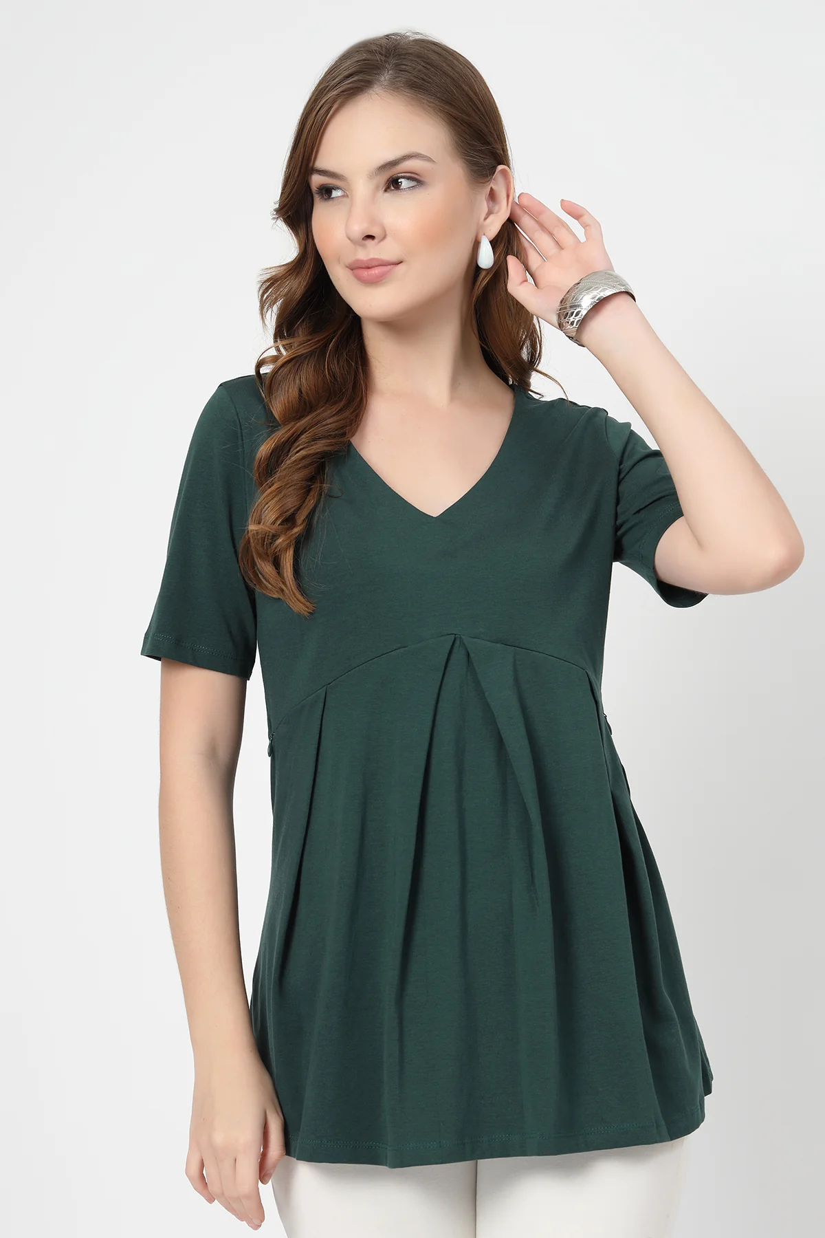 Pleated Cotton Maternity Nursing Top - Bottle Green - Image 2