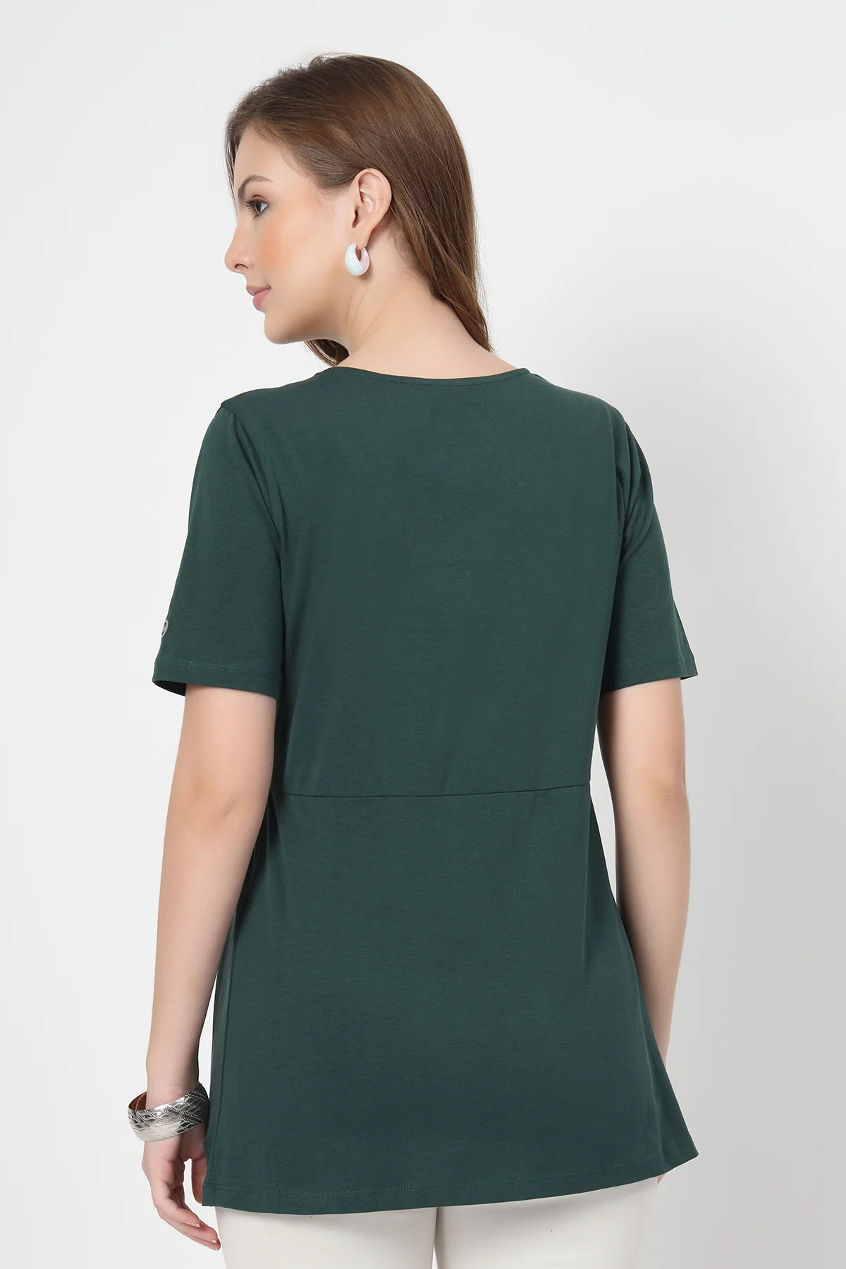 Pleated Cotton Maternity Nursing Top - Bottle Green - Image 3