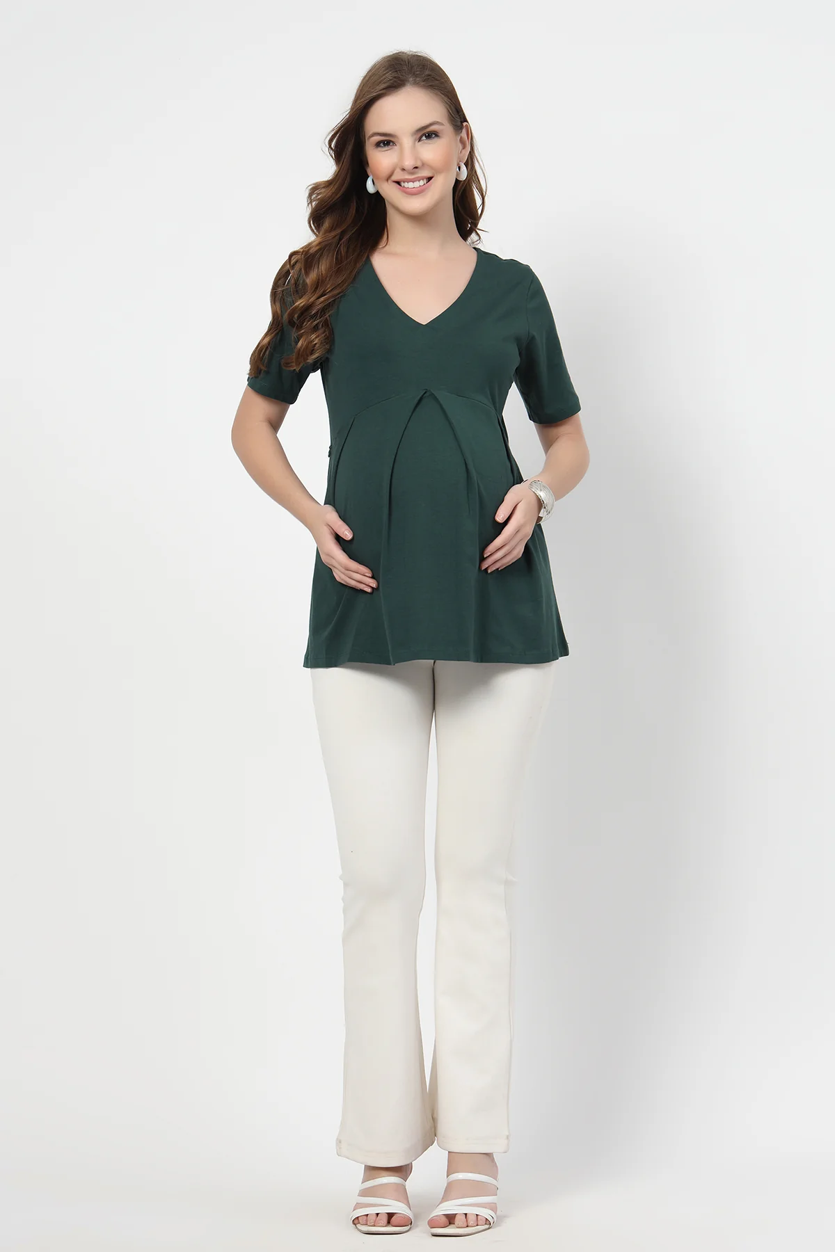 Pleated Cotton Maternity Nursing Top - Bottle Green - Image 4