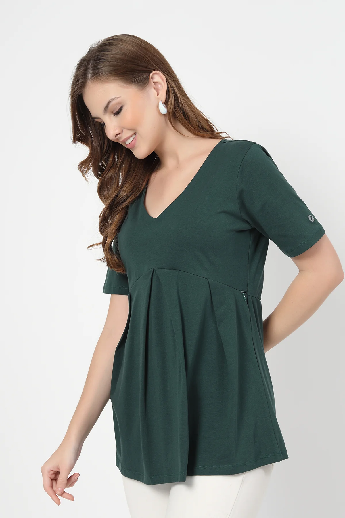 Pleated Cotton Maternity Nursing Top - Bottle Green - Image 5