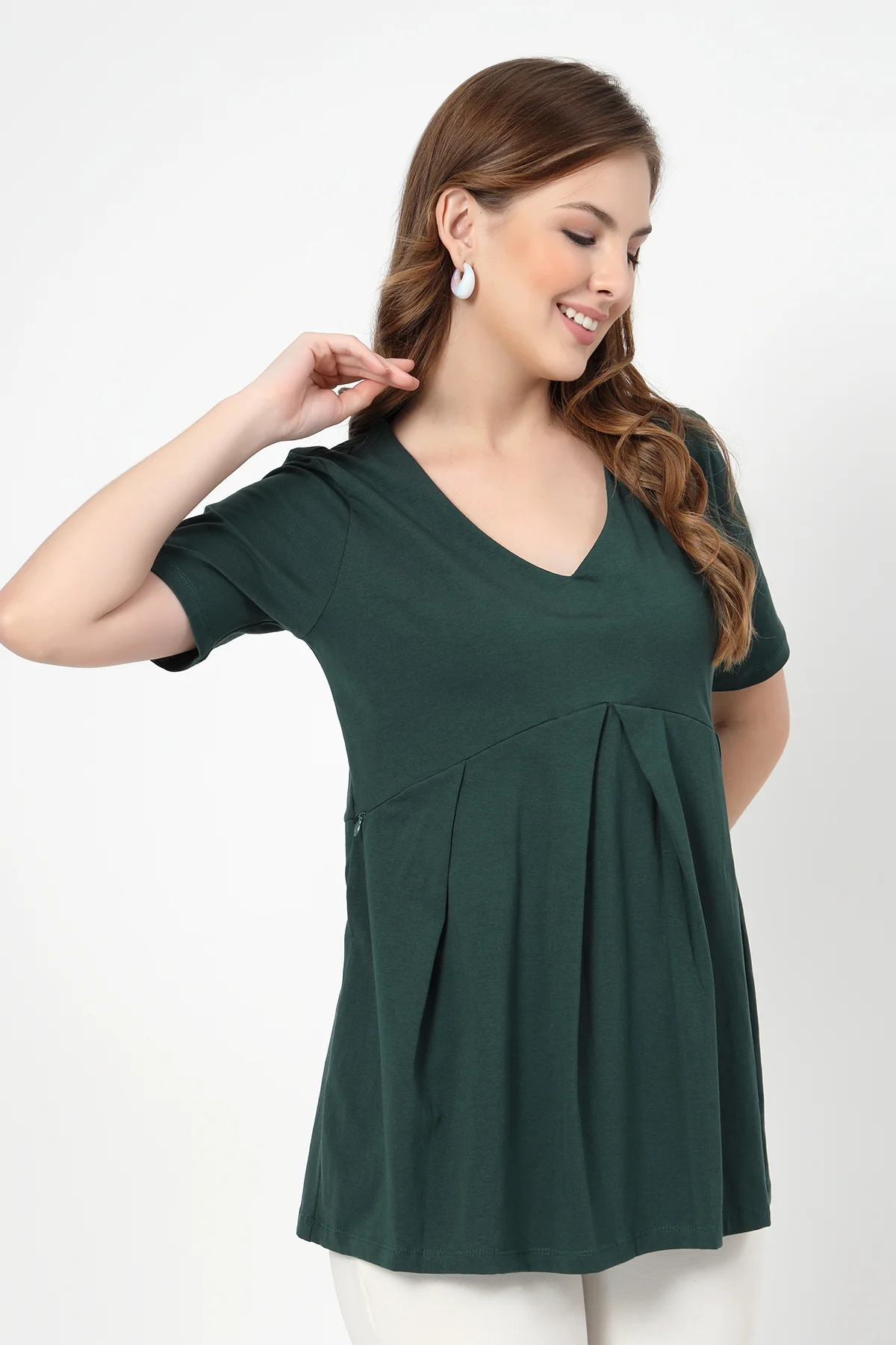 Pleated Cotton Maternity Nursing Top - Bottle Green - Image 6